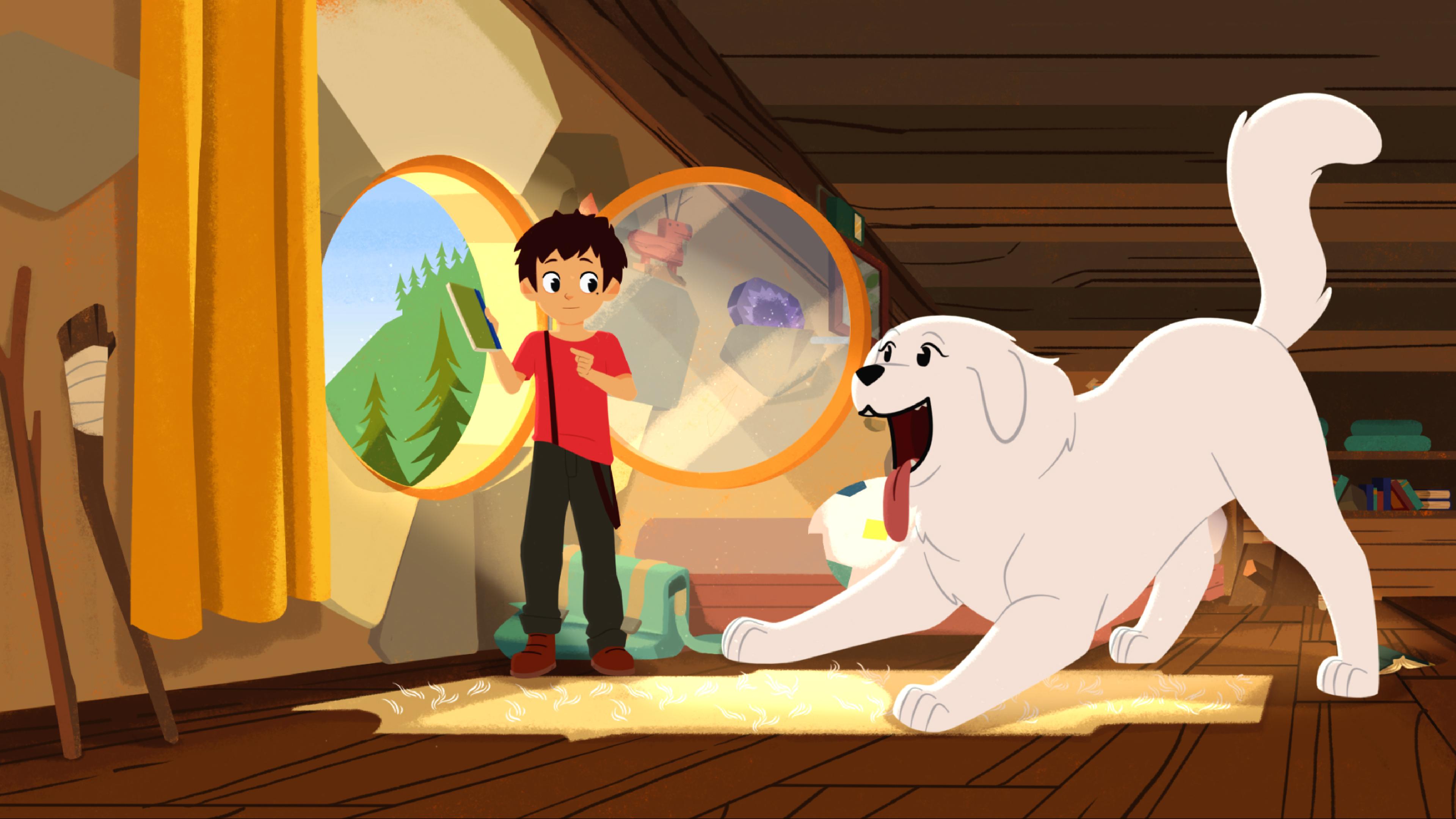 Sebastian steht am offenen Fenster und hält ein Buch in der Hand. Belle ist daneben und guckt sehr aufgeregt auf das Buch.