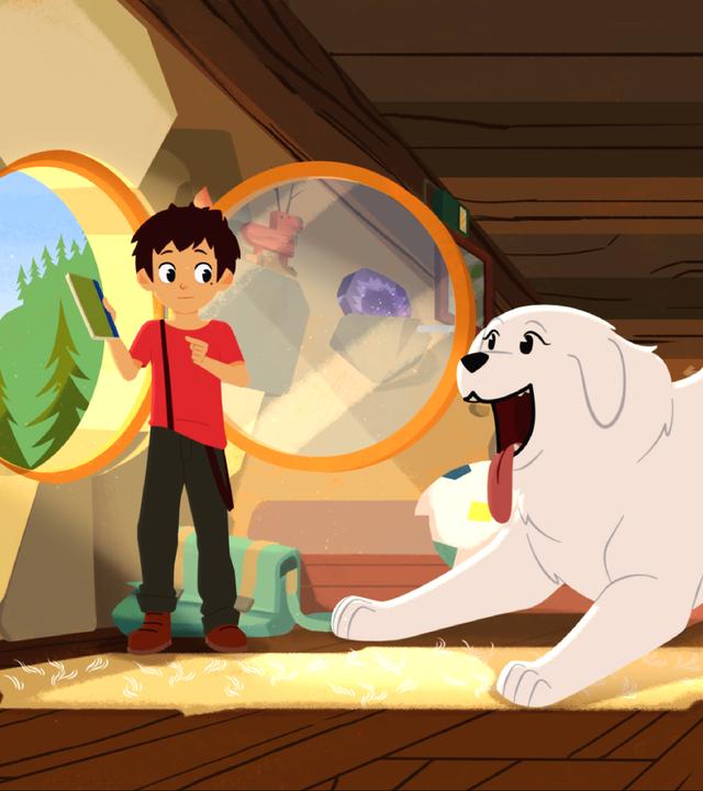 Sebastian steht am offenen Fenster und hält ein Buch in der Hand. Belle ist daneben und guckt sehr aufgeregt auf das Buch.