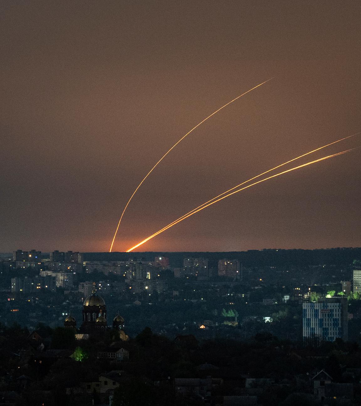 Russian rockets are launched against Ukraine from Russia's Belgorod region, seen from Kharkiv, Ukraine, on Thursday, April 18, 2024