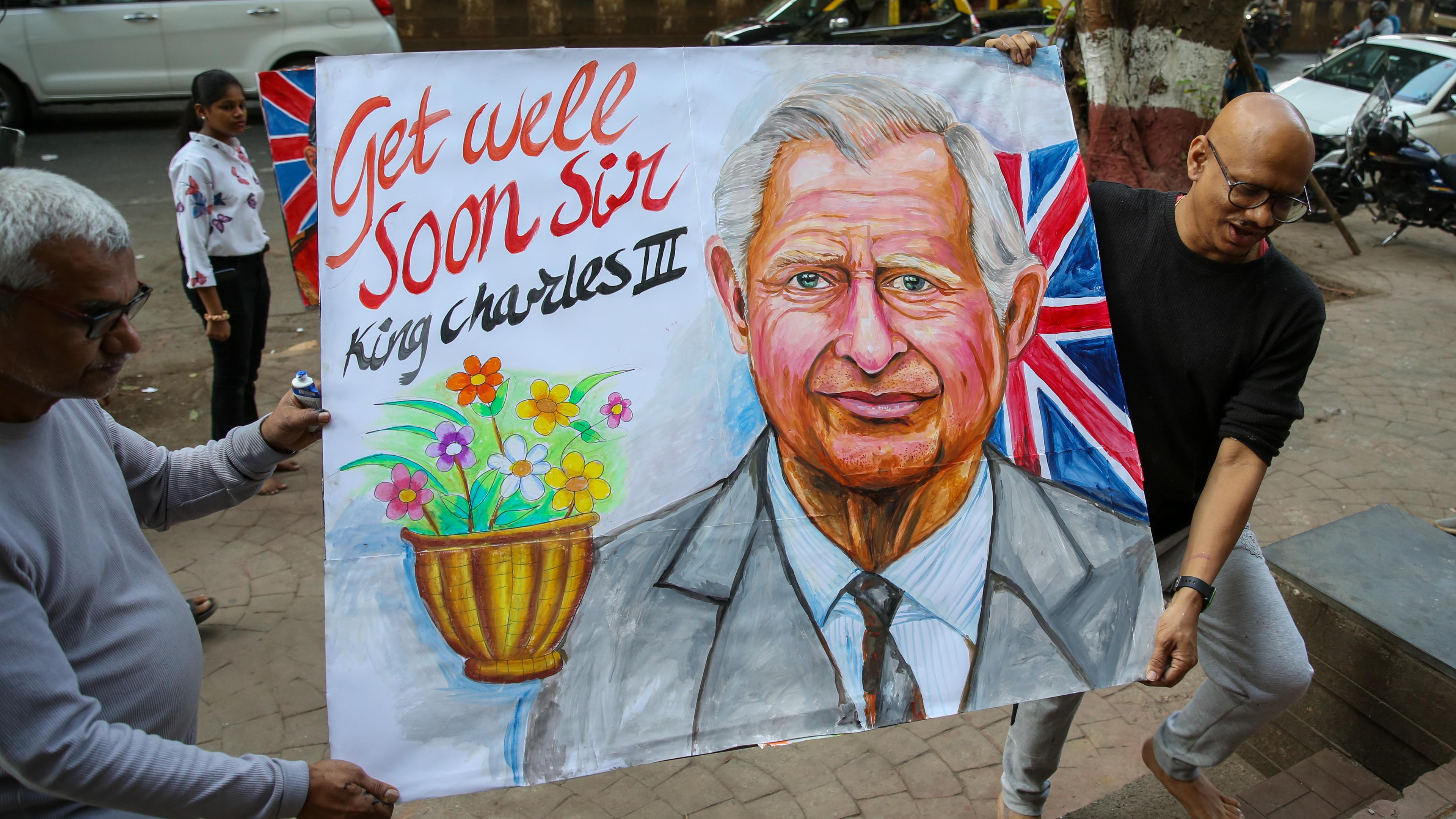 Ein gemaltes Bild von König Charles, auf dem "Get well soon" steht