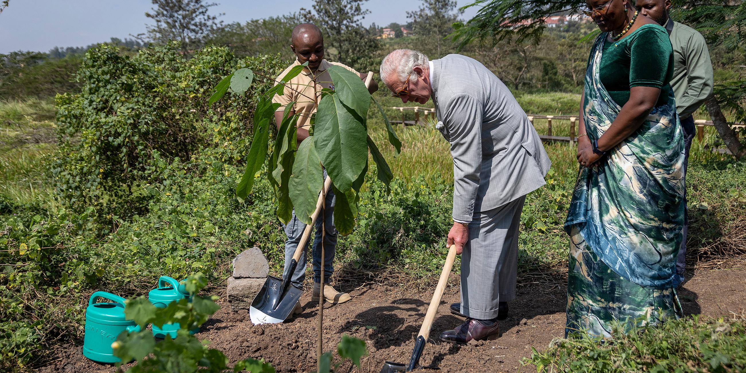 Charles pflanzt einen Baum in Ruanda mit Umweltministerin Jeanne d'Arc Mujawamariya (r.)
