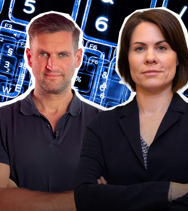 Tastatur im Hintergrund. Ausschnitt von Daniel Jung links und Dr. Tina Klüwer rechts.