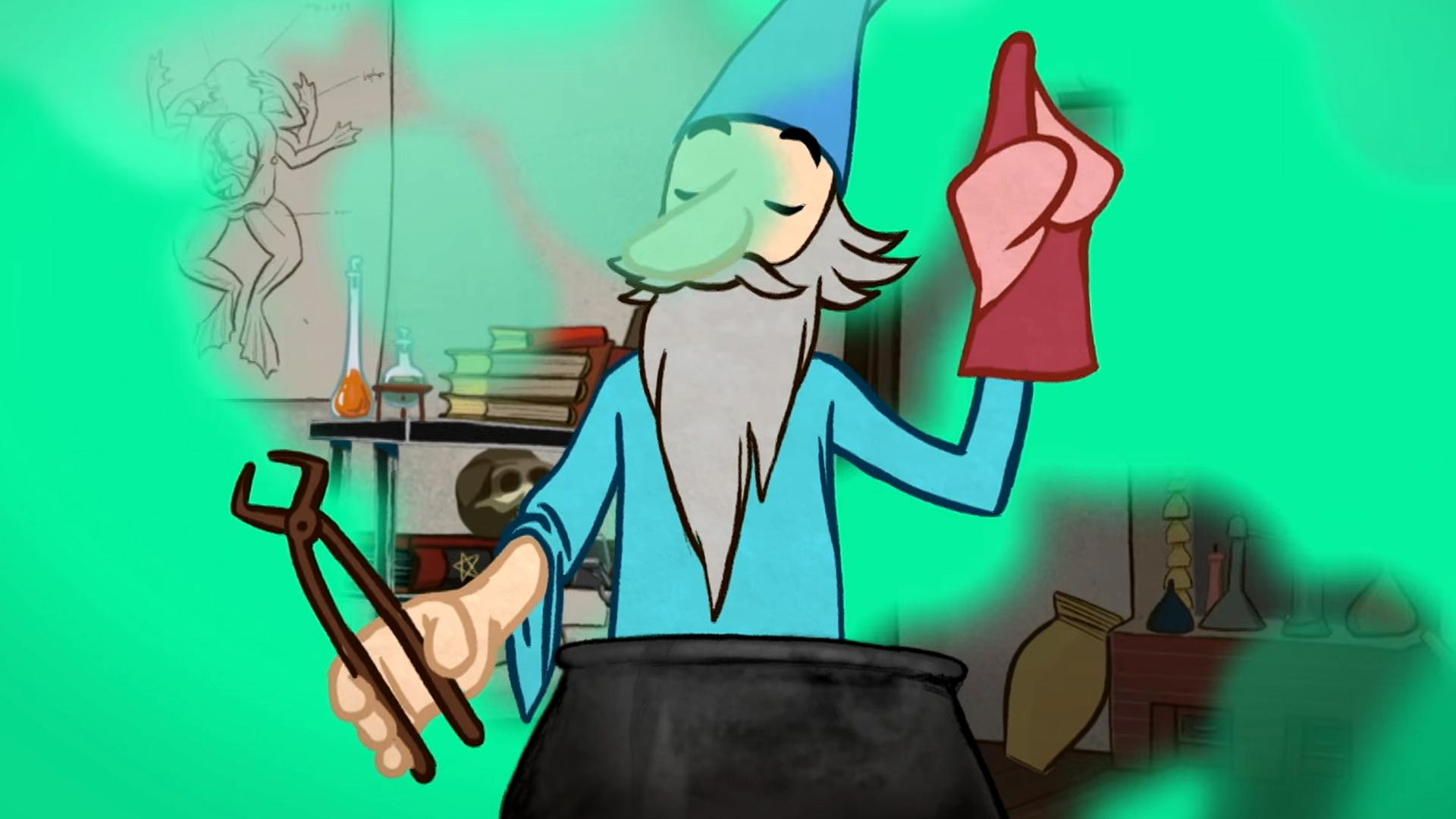 Ein gezeichneter Alchemist, bei dem es qualmt und sprudelt