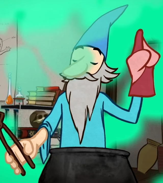 Ein gezeichneter Alchemist, bei dem es qualmt und sprudelt