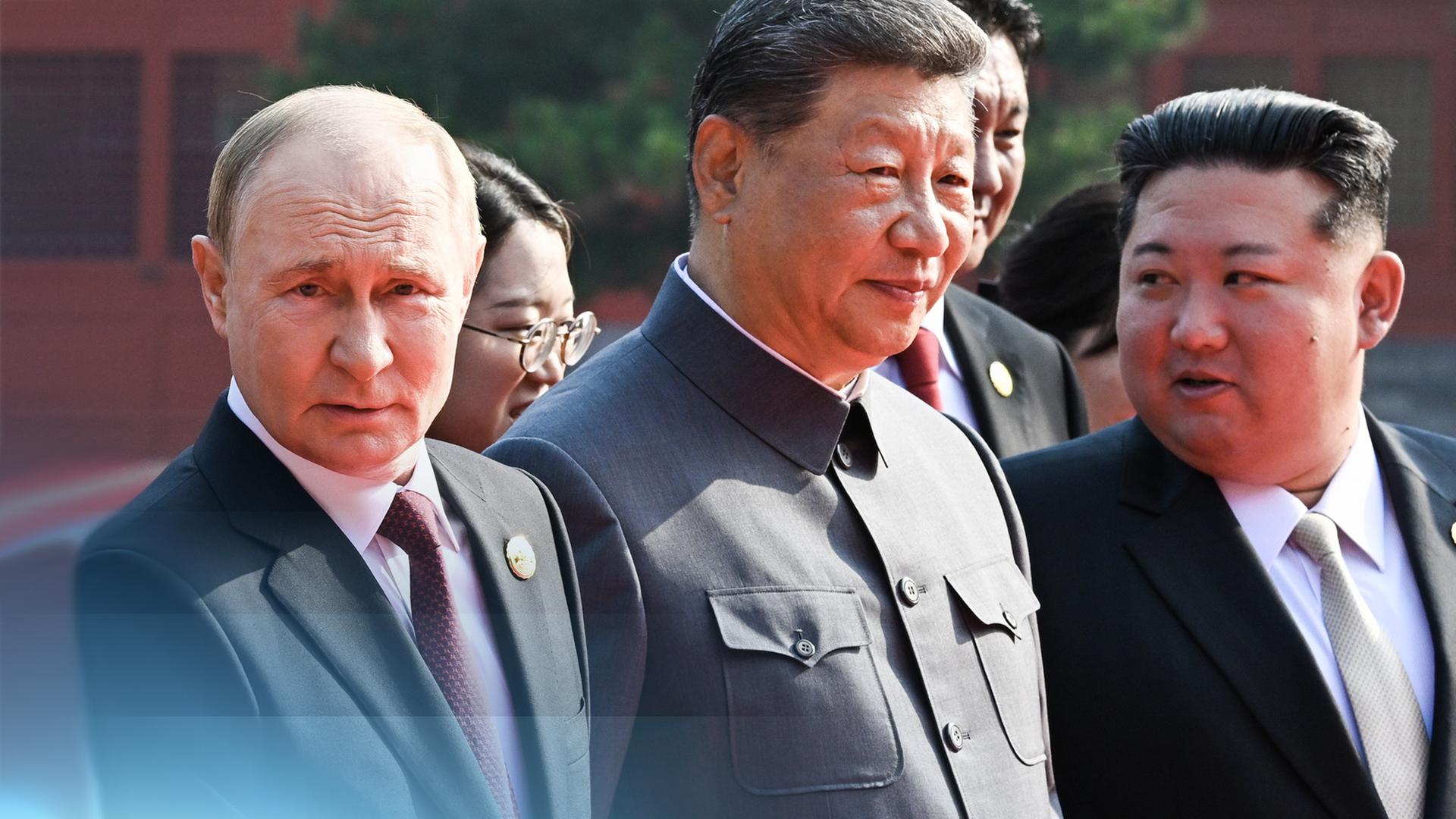Putin, Xi und Kim bei der Militärparade in China. 