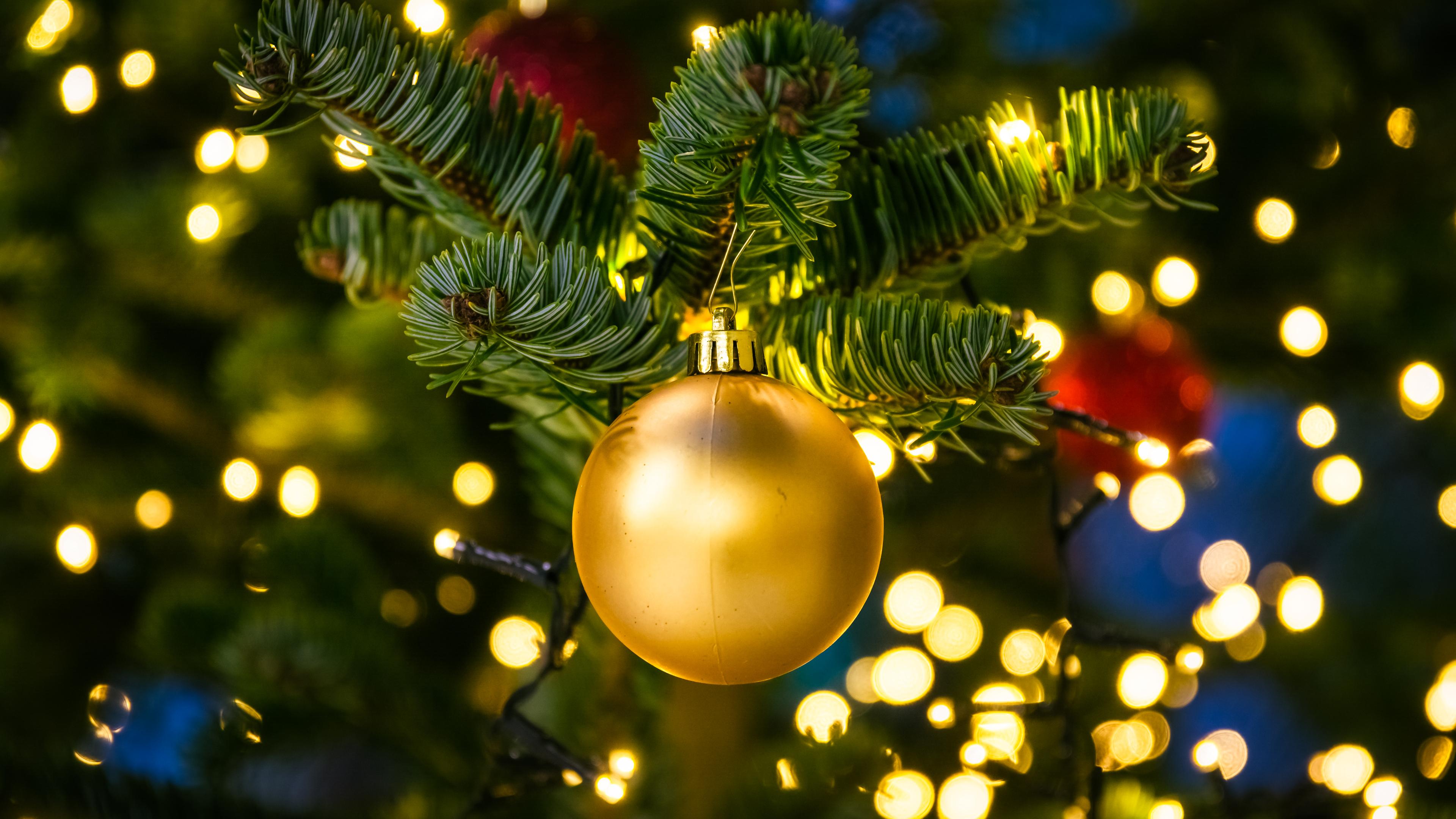 Geschmückter Weihnachtsbaum mit Kugeln und Lichterkette, im Fokus liegt dabei eine goldene Kugel