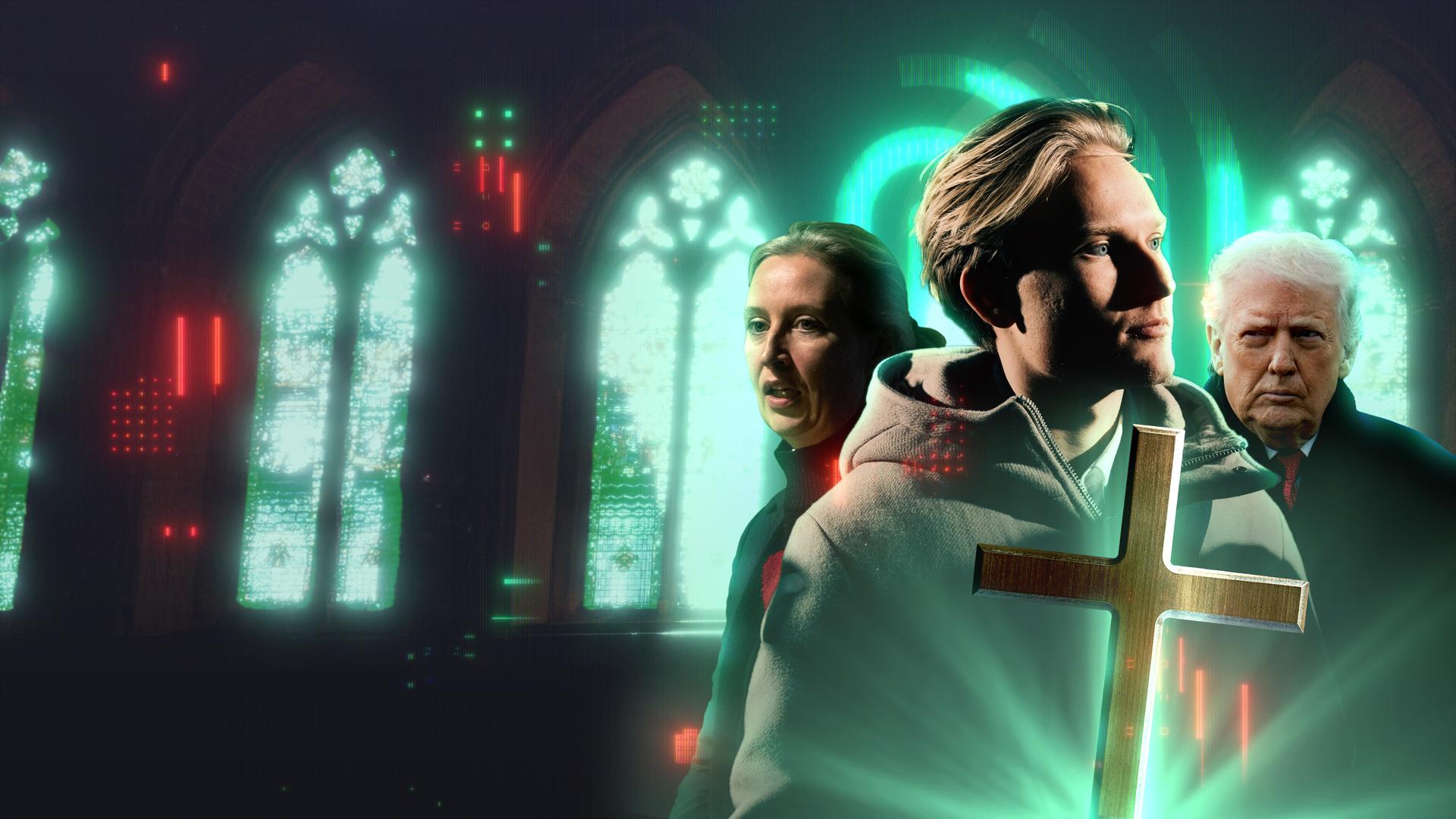 Leonard Jäger, Alice Weidel und Donbald Trump vor großen, leuchtenden Kirchenfenstern. Im Vordergrund einhält ein großes, golden schimmerndes Kreuz.