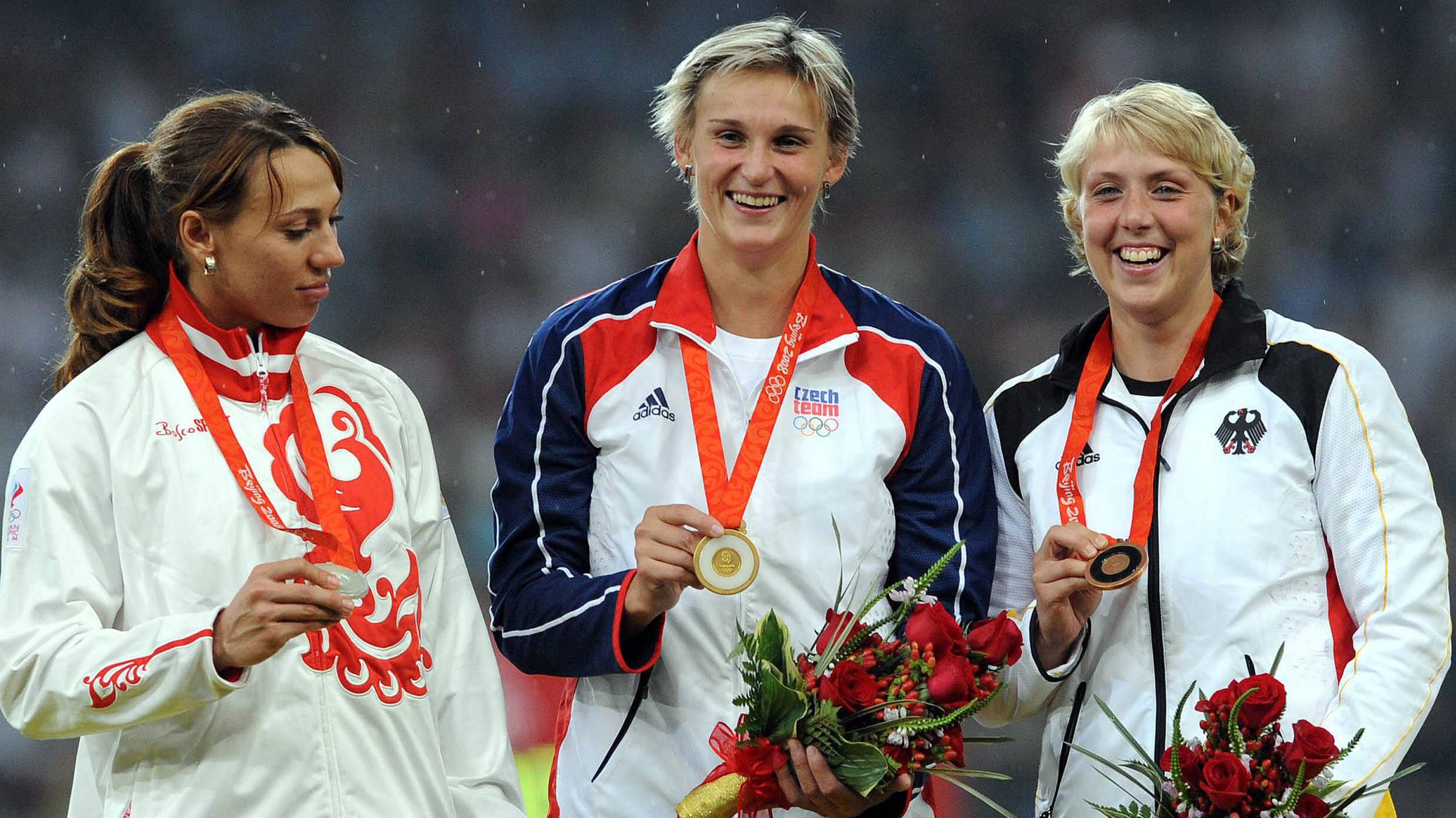 Maria Abakumova (Russland), Olympiasiegerin Barbora Spotakova (Tschechien), Christina Obergföll (Deutschland)
