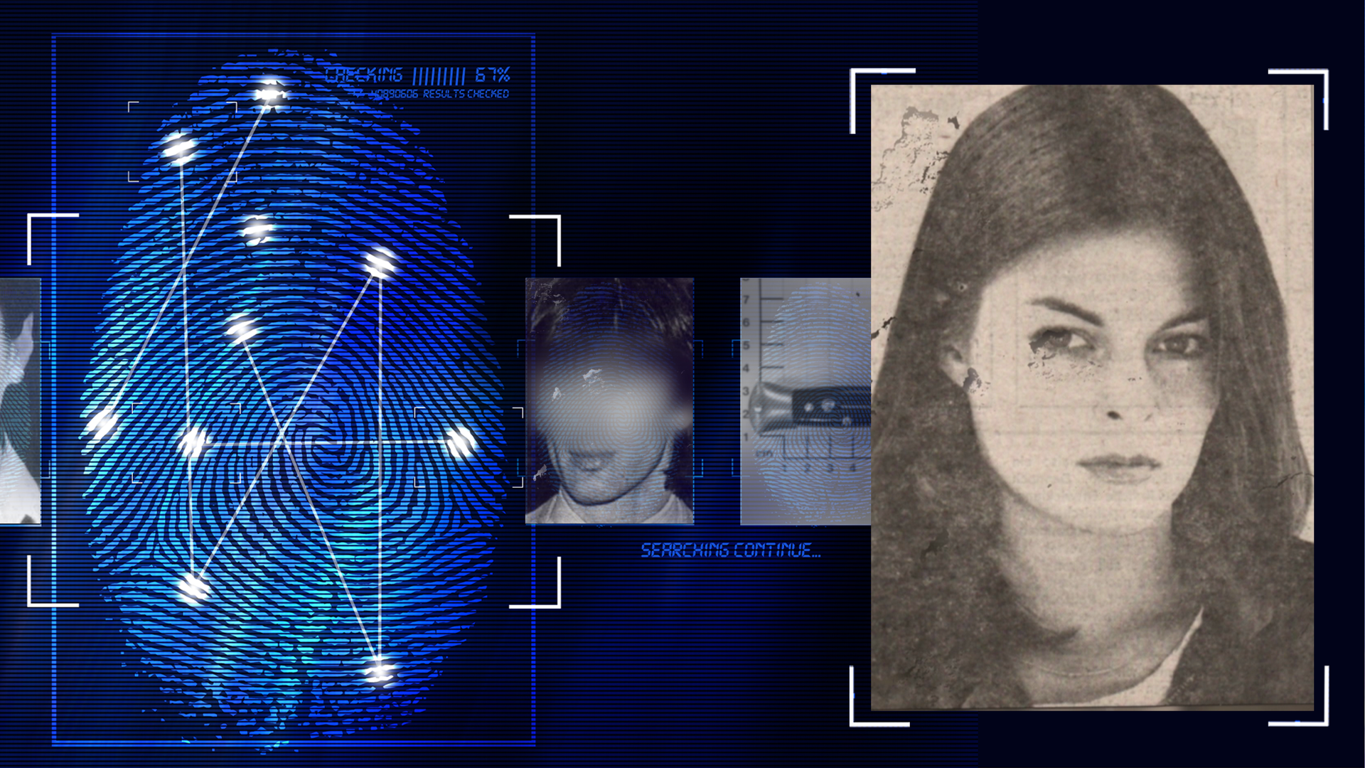 Bild aus dem Jahr 1981: Portraitfoto einer Frau, ca. 20 Jahre, lange dunkle Haare. Sie schaut mit neutralem Blick in die Kamera, sie trägt ein helles Shirt und dunkle Oberbekleidung. Links daneben: Lichtschematische Darstellung eines Fingerabdrucks.