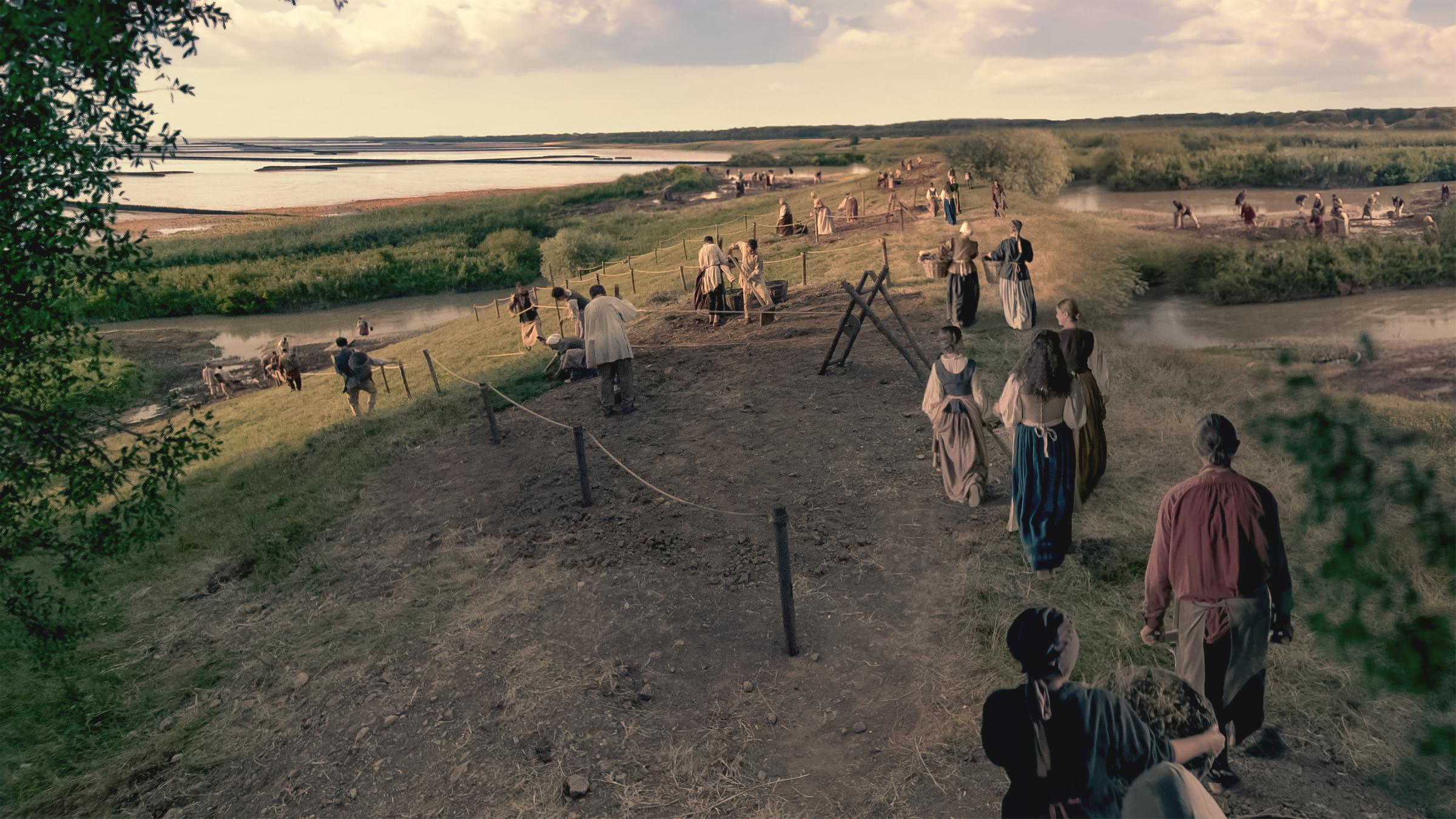 Terra X: Mythos Nordsee - Wilde Küsten, Götter und segelnde Drachen:  Männer und Frauen beim Deich aufschütten.