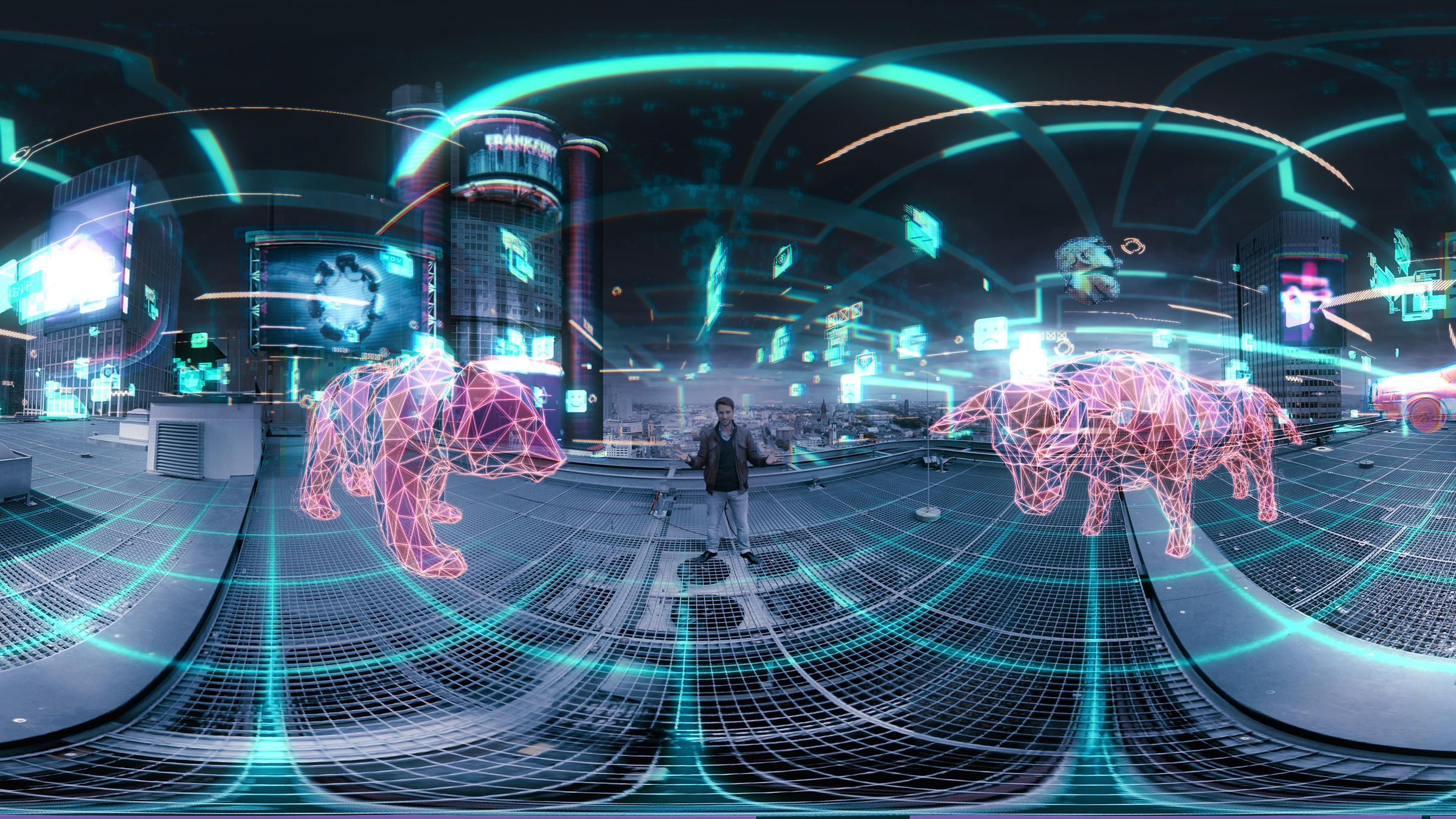 "History 360°": Moderator Mirko Drotschmann über den virtuellen Dächern Frankfurts.