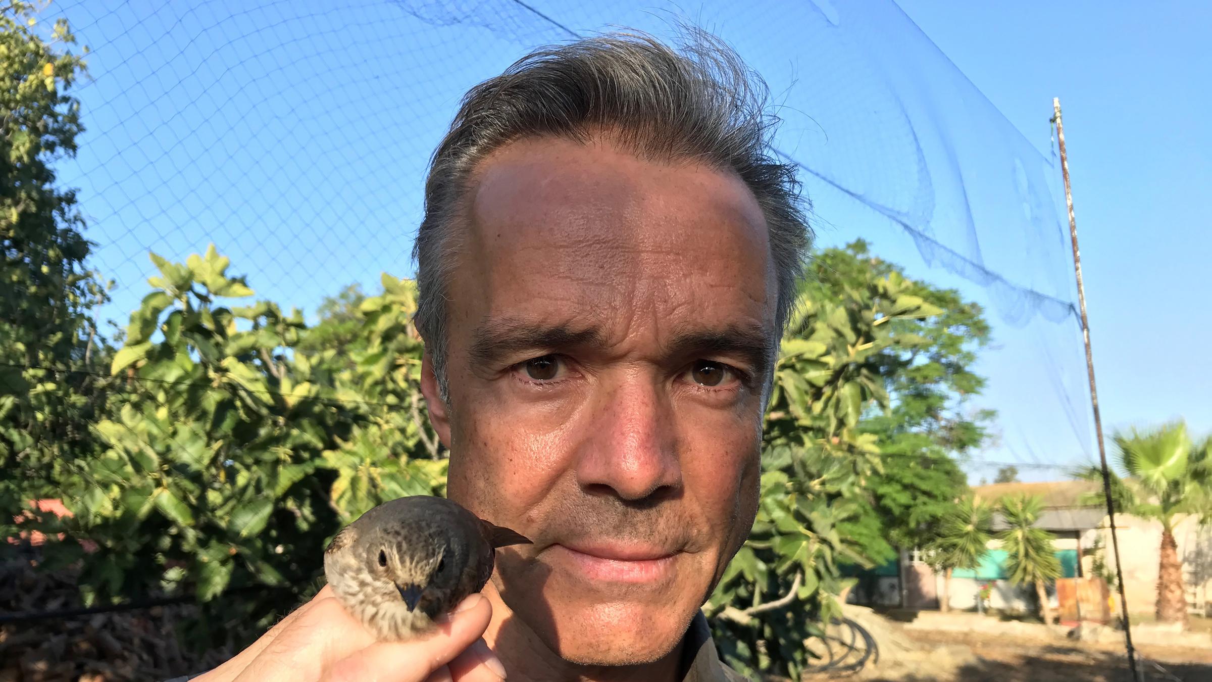 "Hannes Jaenicke im Einsatz für Vögel": Hannes Jaenicke hält einen Singvogel in der rechten Hand. Im Hintergrund sieht man Bäume und blauen Himmel.