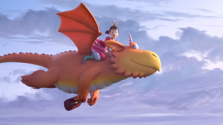 "Zogg": Prinzessin Perle hoch in den Lüften auf dem fliegenden Drachen Zogg. Zogg hält im Flug ihre Doktortasche fest.