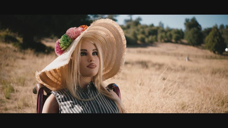 "Hi, AI - Liebesgeschichten aus der Zukunft": Die Roboter-Puppe Harmony mit blonden Haaren und Strohhut sitzt in einem blau-weiß gestreiften Kleid in einem Rollstuhl. Im Hintergrund sind verschwommen ein Baum und eine vertrocknete Grasfläche zu sehen.