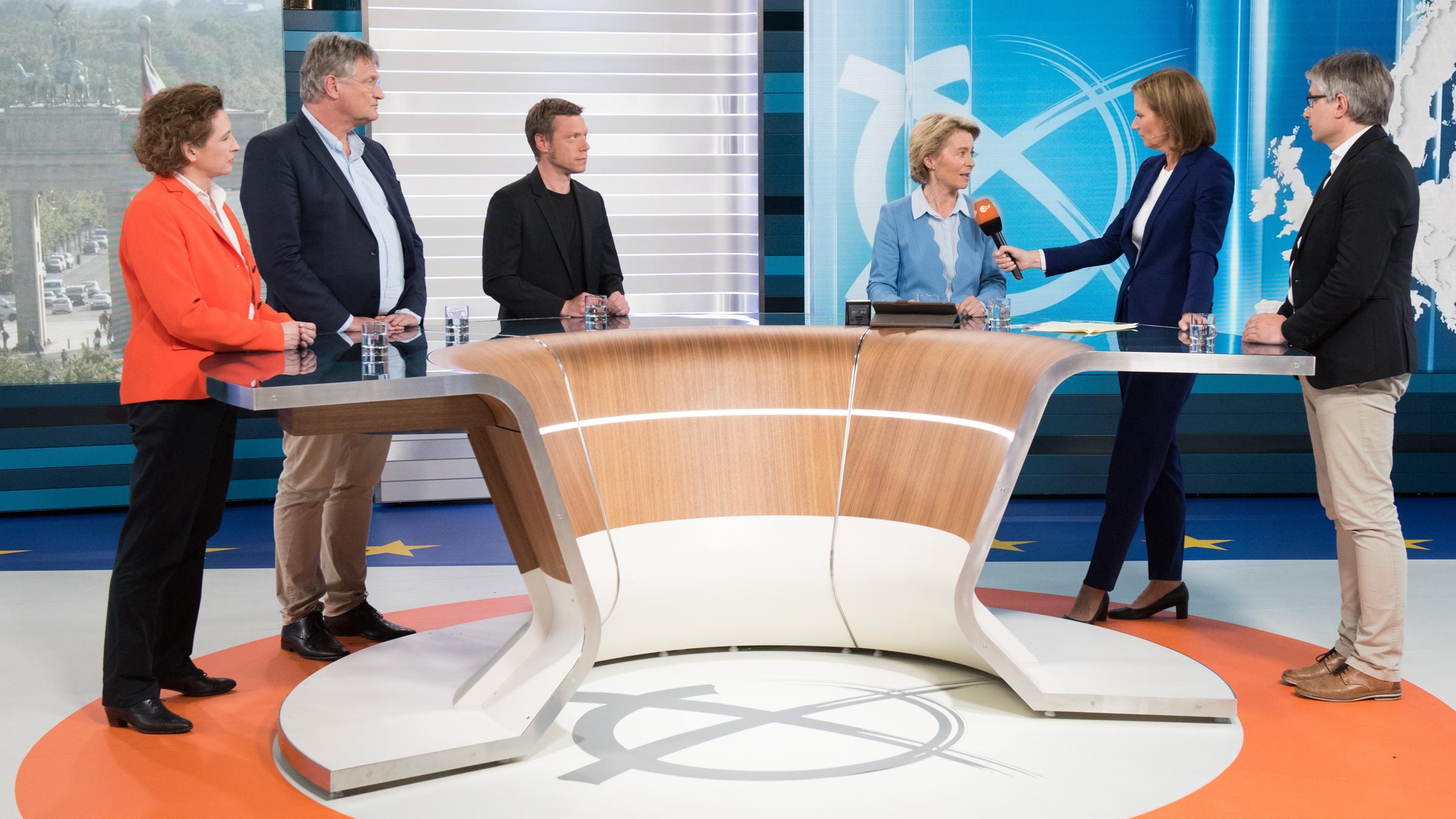 "Wahl 2019 - Europa und Bremen": Nicola Beer, Jörg Meuthen, Martin Schirdewan, Ursula von der Leyen, Bettina Schausten, Sven Giegold