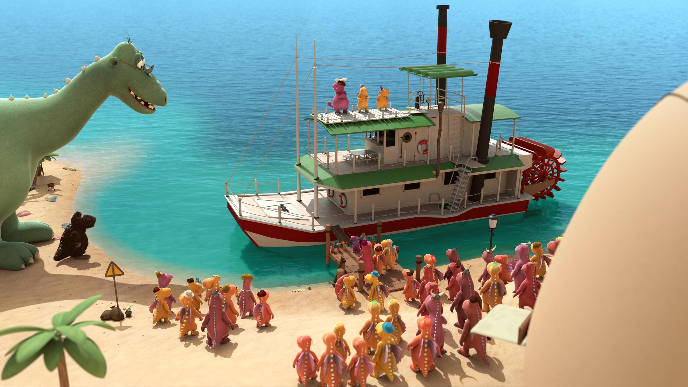 "Der kleine Drache Kokosnuss – Auf in den Dschungel”: Alles, was Beine hat, ist zur Abfahrt des Dampfers  im Feuerdrachendorf gekommen, um den kleinen Drachen Kokosnuss und seine Freunde zu verabschieden, die zur Sommerfreizeit im Dschungelcamp aufbrechen.