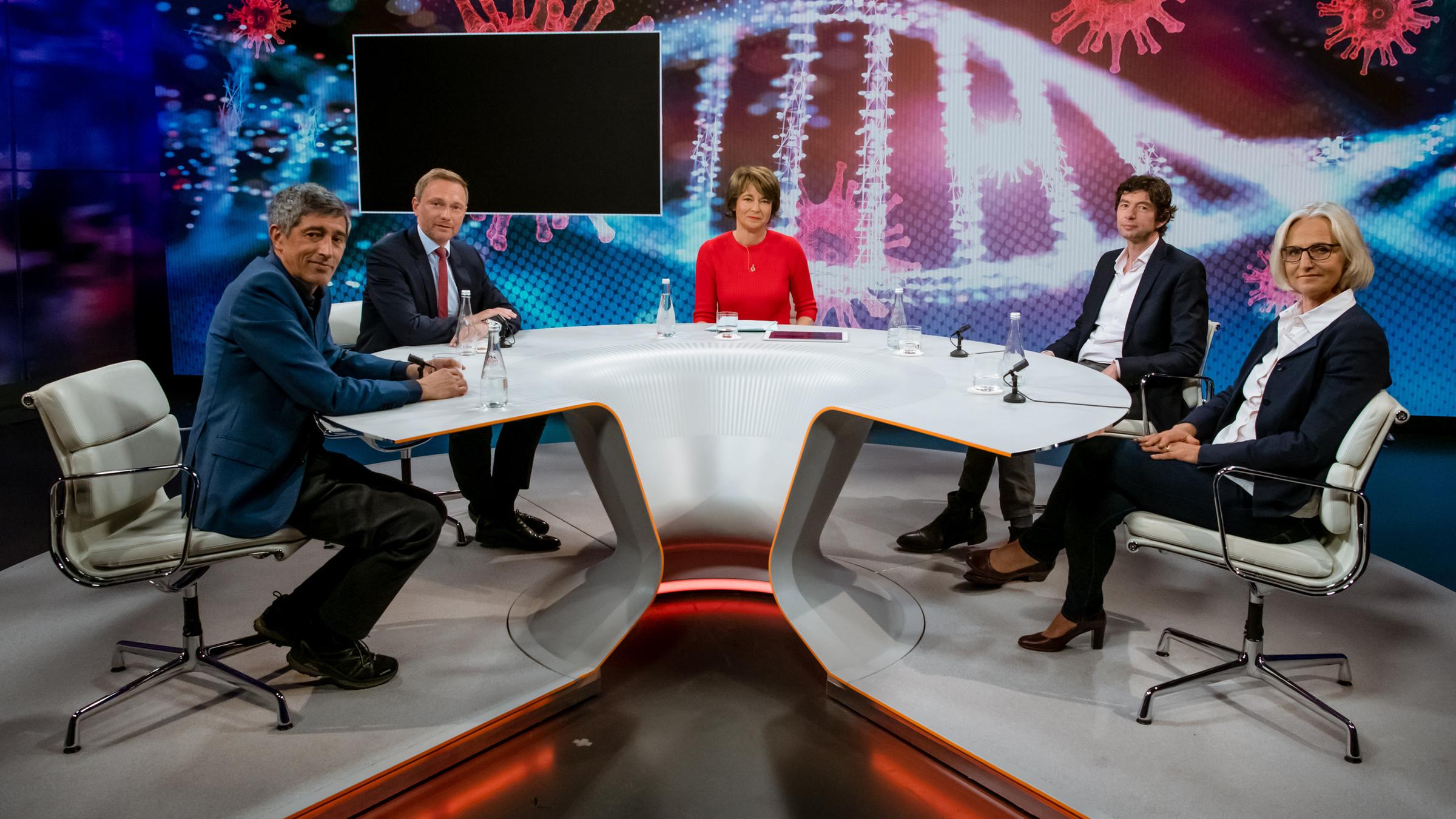 "maybrit illner": Ranga Yogeshwar, Christian Lindner, Maybrit Illner, Christian Drosten, Christiane Hoffmann