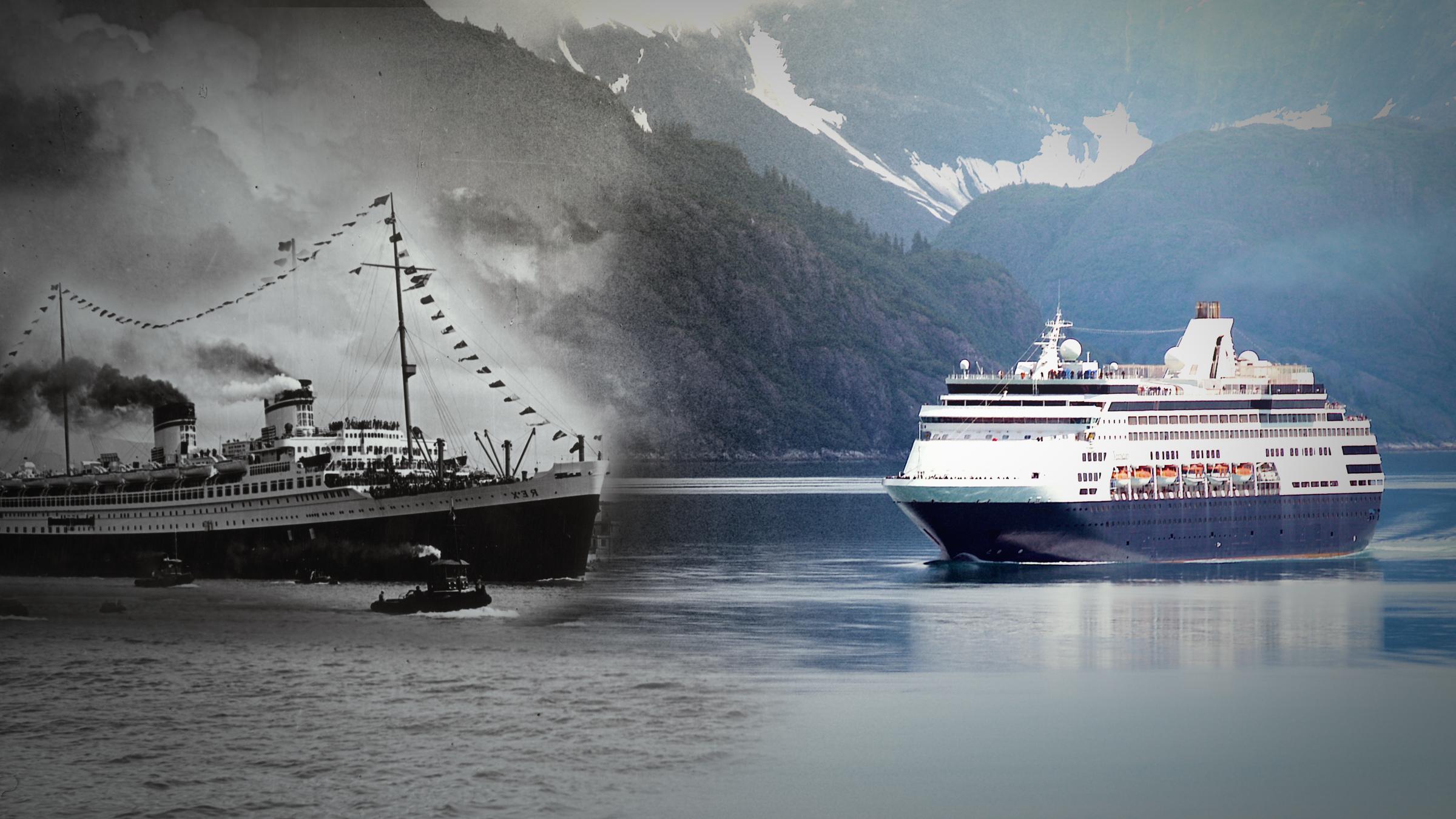 "ZDFzeit Sehnsucht Kreuzfahrt - Branche in schwerer See": Bildmontage: Kreuzfahrtschiff aus den 30er Jahren und modernes Kreuzfahrtschiff fahren im Fjord.