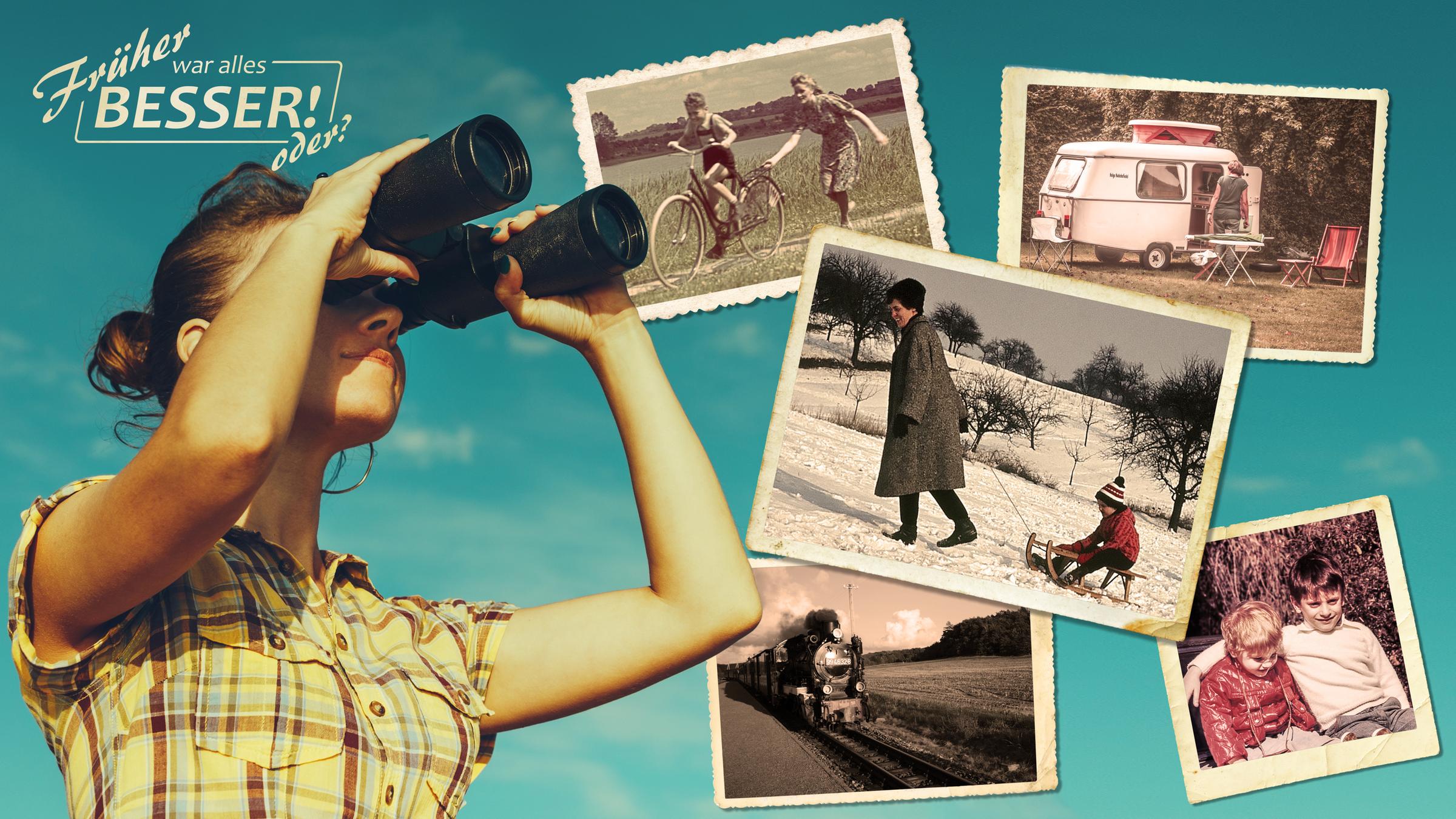 "ZDFzeit: Früher war alles besser! Oder?": Fotocollage mit einer Frau, die durch ein Fernglas schaut.