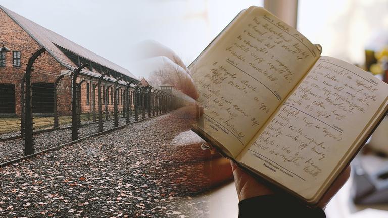 "Abgezockt! - Die Auschwitz-Tagebücher": Linker Teil des Fotos:  eine Häuserfront mit einem Sicherheitszaun davor, rechter Teil des Fotos: Nahaufnahme von einem aufgeschlagenen Buch