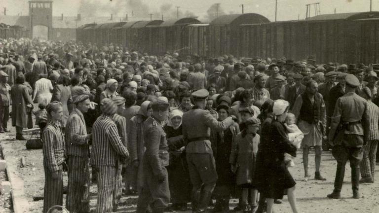 "Ein Tag in Auschwitz": Schwarz-Weiß-Foto: Wachleute, Häftlinge und eine Menschenmenge befinden sich vor dem Eingang des Lagers.