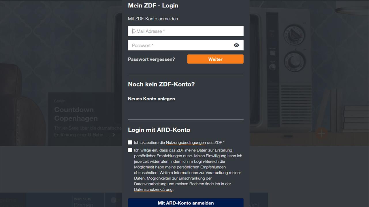 Login-Oberfläche für ARD- und ZDF-Mediatheken