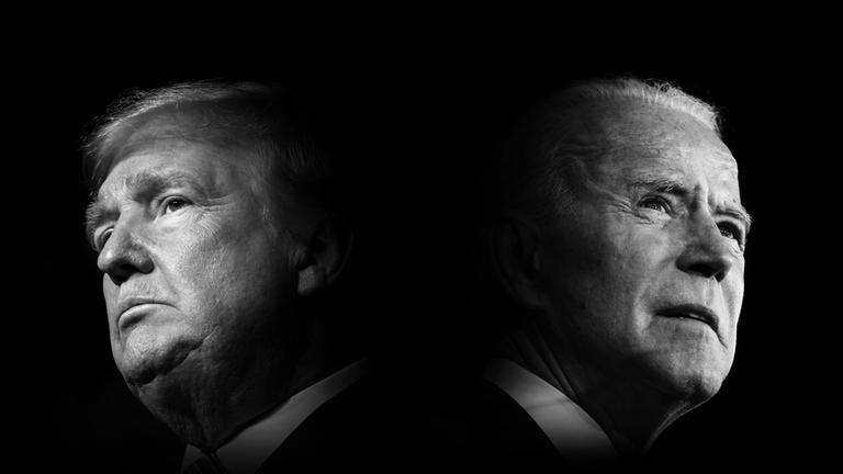 "ZDFzeit: Trump gegen Biden - Kampf um Amerika": Schwarzweißbild von Donald Trump auf der linken- und Joe Biden auf der rechten Seite.