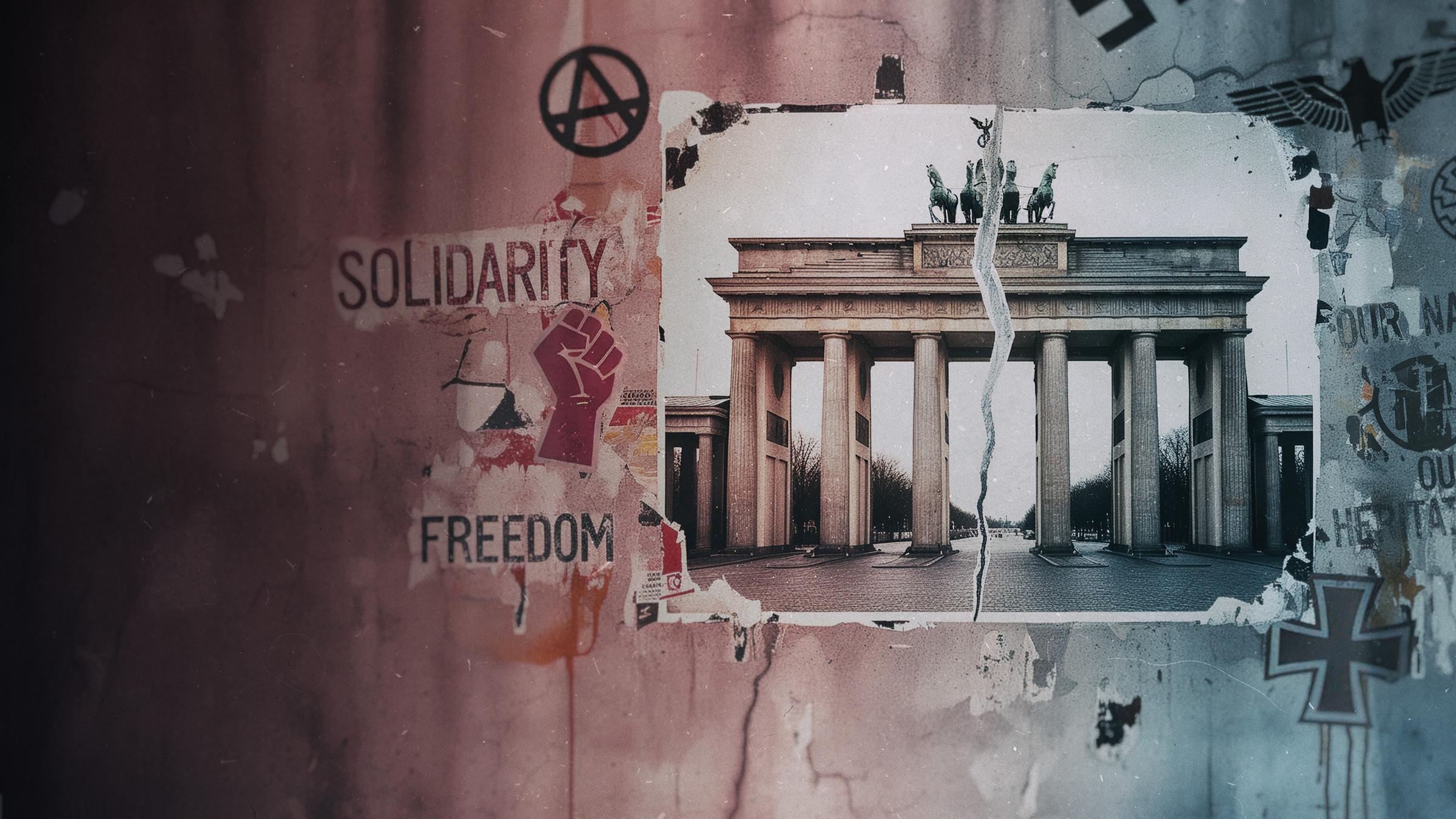 Blick auf eine animierte Kollage mit Symbolbildern, die auf den Extremismus in Deutschland verweisen, etwa ein Fahndungsplakat der RAF oder ein Porträtbild von Adolf Hitler.