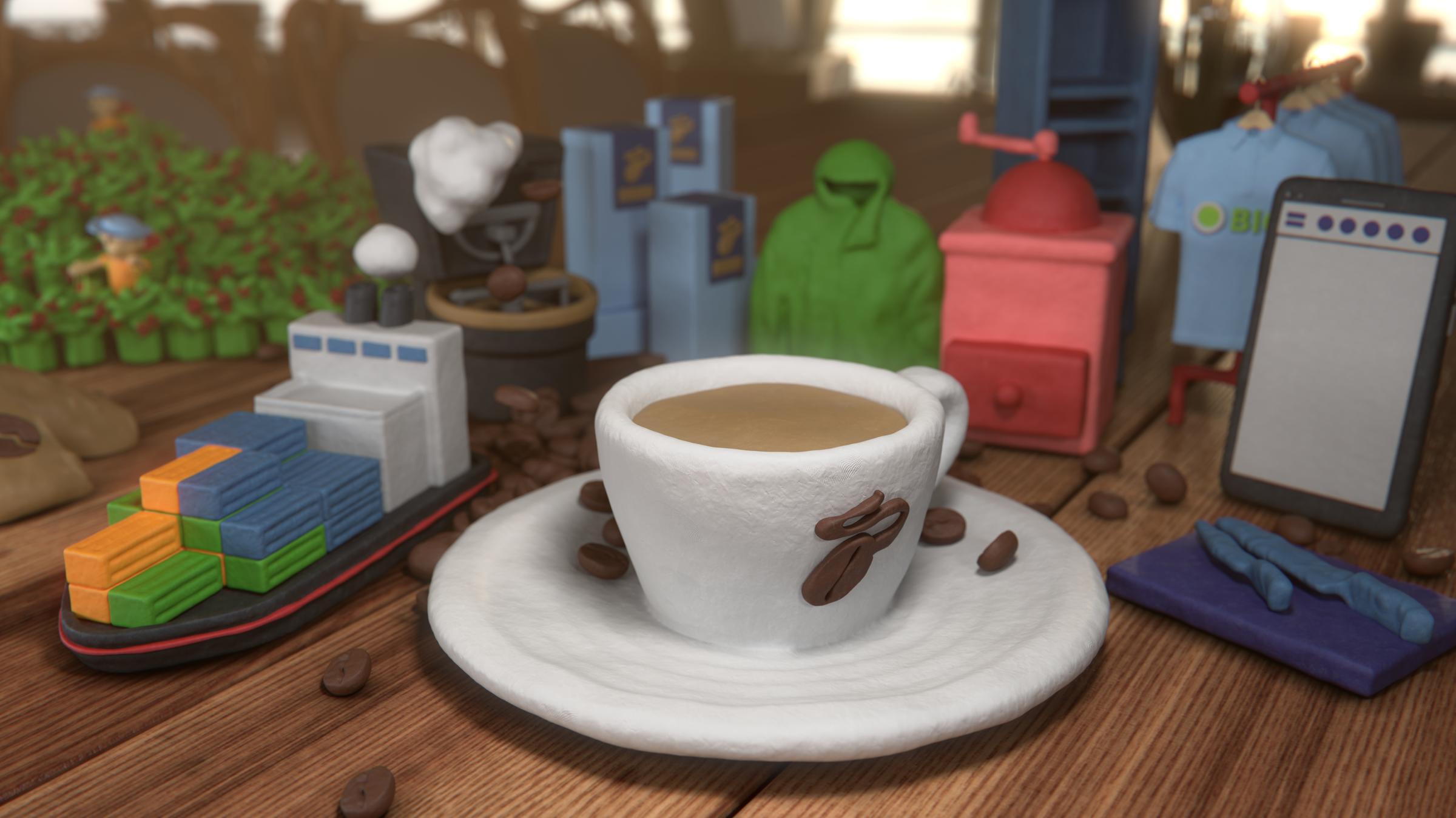 "ZDFzeit: Der große Tchibo-Report - Wie gut sind Kaffee, Klamotten & Co.?": Grafik in bunter Knetoptik mit übergroßer weißer Tchibo-Kaffeetasse in der Mitte, die auf einem Holztisch steht. Drum herum sind eine Kaffeemühle drapiert, eine Regenjacke, Kaffeepackungen, Messer auf einem Brett und ein Schiff mit Containern.