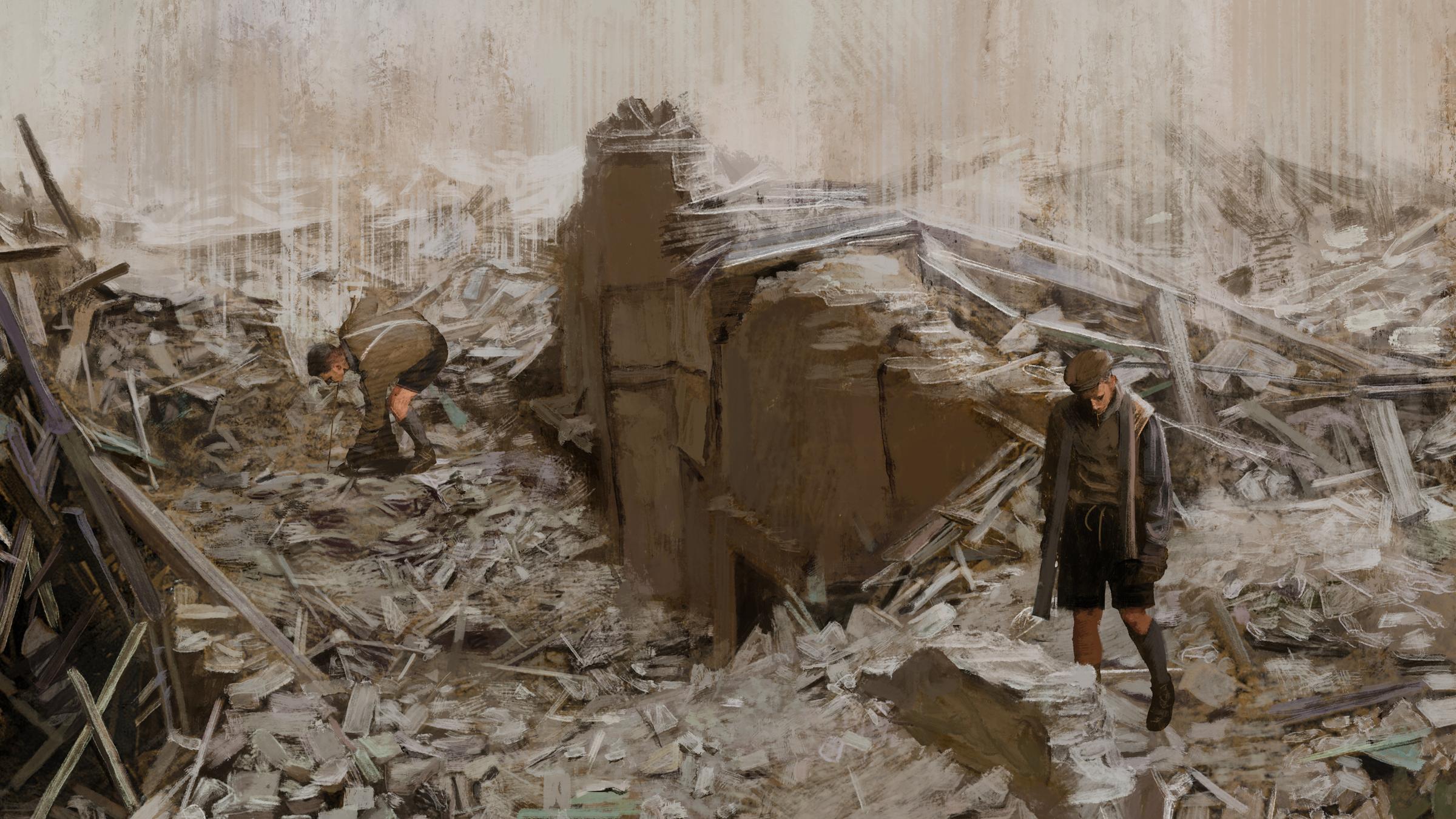 "Wir Trümmerkinder – Zeit der Hoffnung": Animation einer Trümmerlandschaft in der zwei Jungs stehen.
