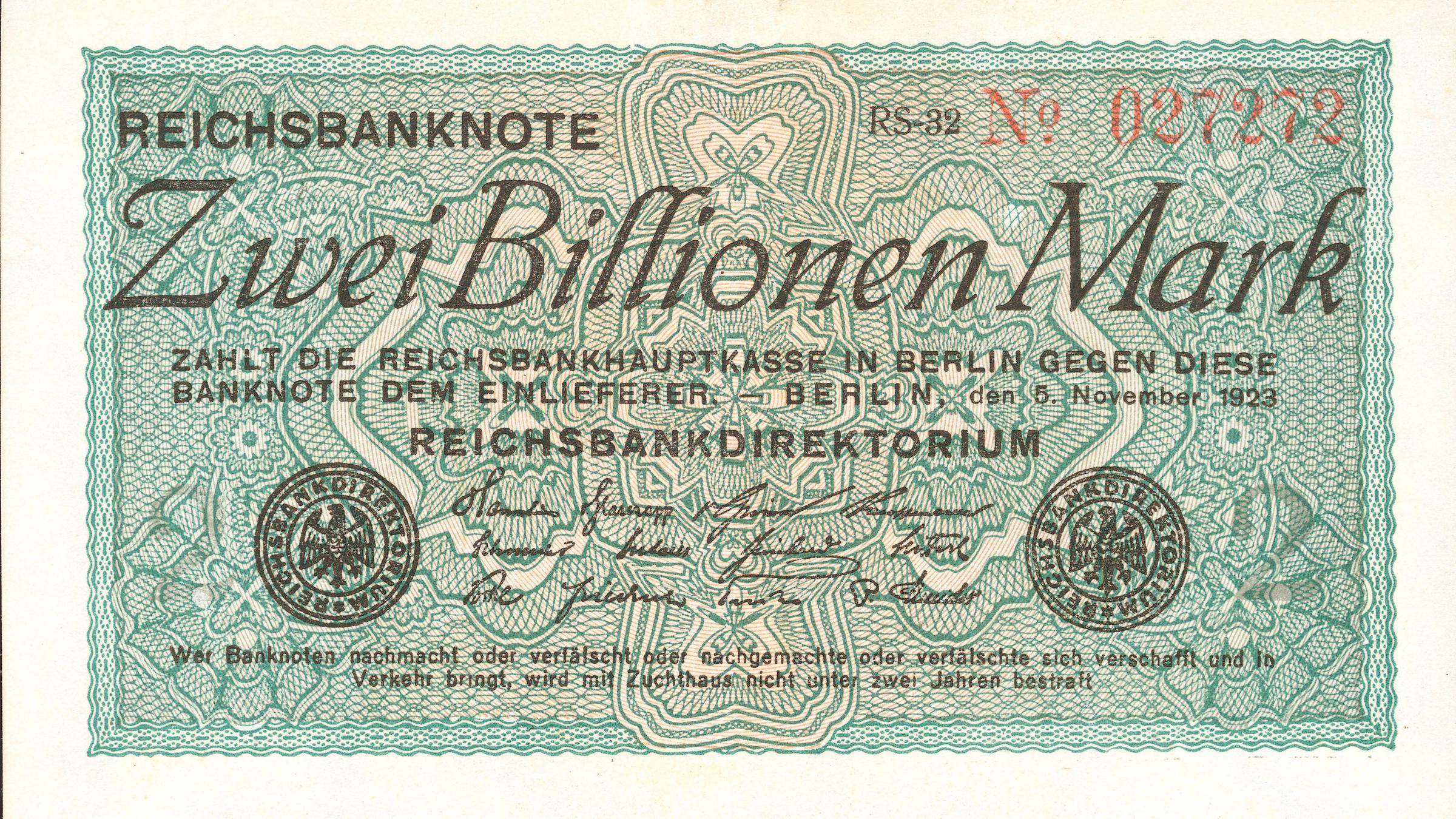 "Wir Deutschen und die großen Crashs": Geldschein mit dem Nominalwert "Zwei Billionen Mark".