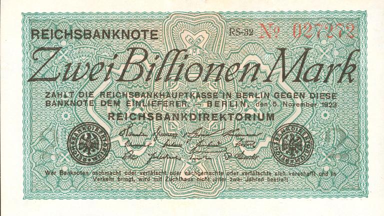 "Wir Deutschen und die großen Crashs": Geldschein mit dem Nominalwert "Zwei Billionen Mark".