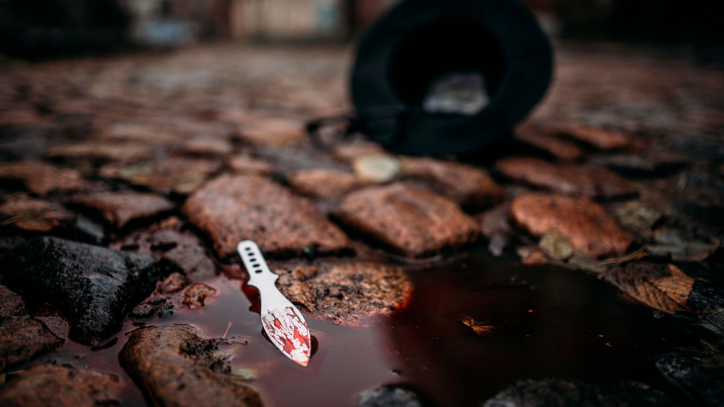 "Die Biografie des Bösen": Ein silbernes Messer liegt in einer Blutpfütze auf einer Kopfsteinpflasterstraße.