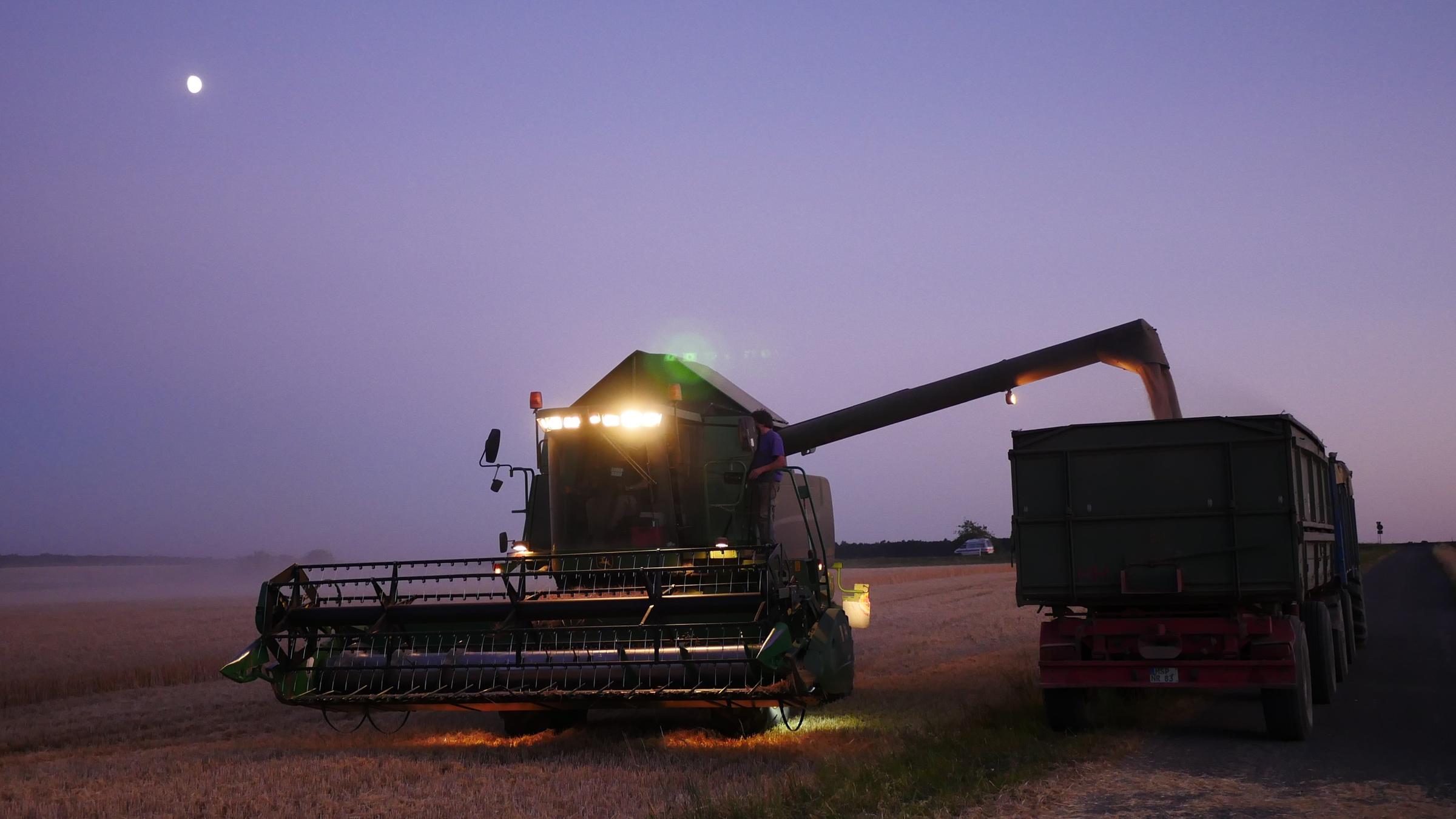 "ZDF.reportage: Landfrust - Bauern unter Druck": Mähdrescher nachts auf Feld.