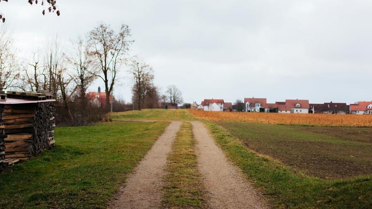 "Raus aus der Stadt - Der Traum vom Leben auf dem Land": Im Vordergrund ein nicht befestigter Feldweg, links ein Holzstapel und Bäume, rechts Felder. Im Hintergrund Häuser.