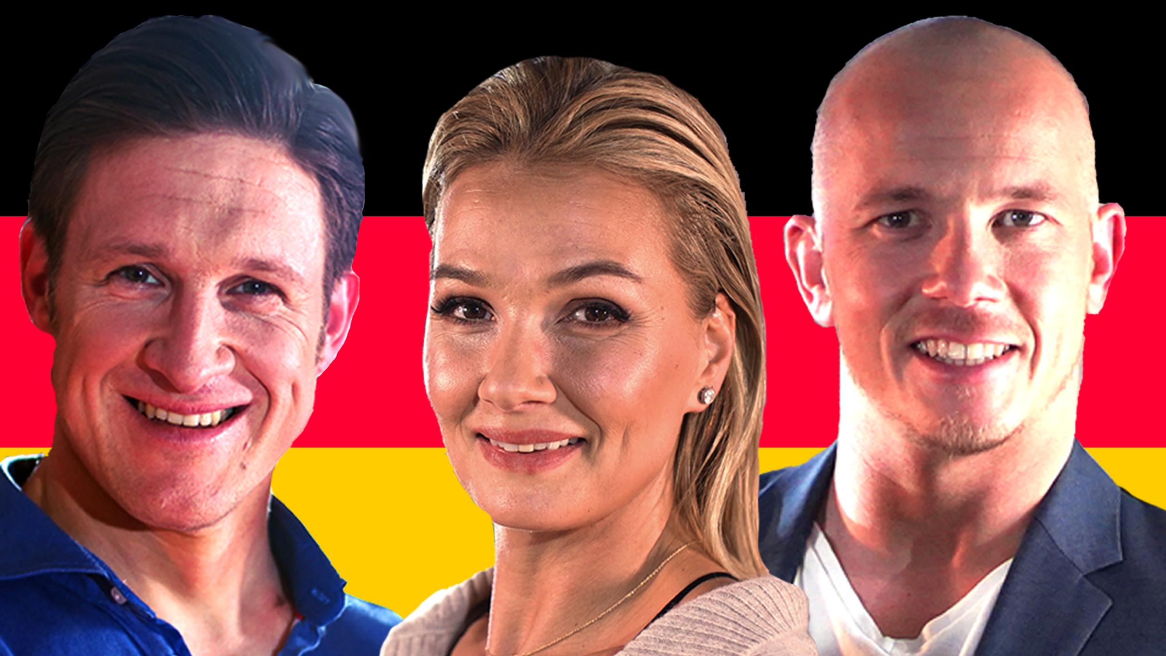 "ZDFzeit: Deutschlands Sportstars - Gold, Fans und Tränen": Vor der Deutschlandfahne sind 3 Portraits zu sehen: Michael Steiner im blauen Hemd, Franziska van Almsick mit zurückgekämmten Haaren und Fabian Hambüchen im Sakko mit T-Shirt.