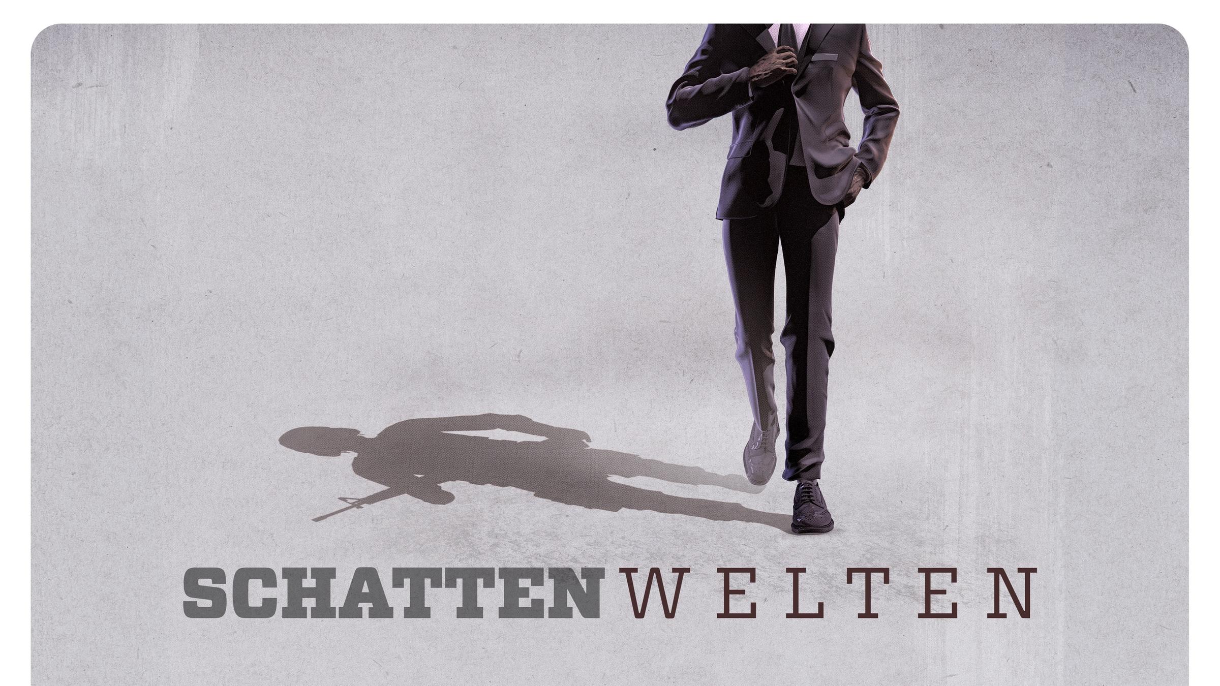 "Schattenwelten - Der Kampf um die Wahrheit": Computergrafik. Ein Mann im Anzug wirft einen Schatten als Soldat; unten Schriftzug "Schattenwelten".