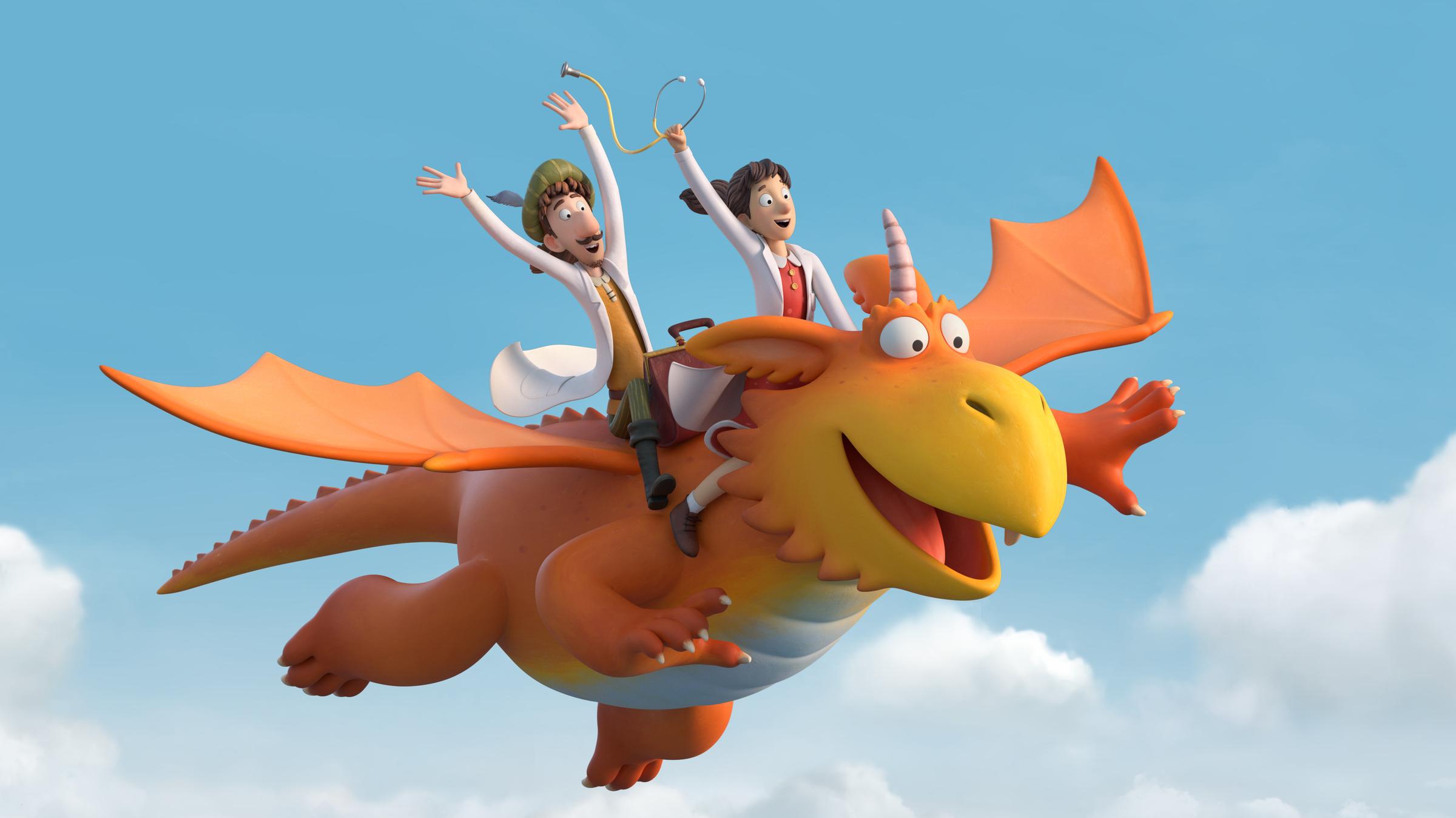"Zogg und die Retter der Lüfte": CGI. Oben am Himmel zwischen den Wolken fliegt Drache Zogg. Auf seinem Rücken sitzen Ritter Schlagedrein und Prinzessin Perle. Der Ritter und die Prinzessin tragen je einen weißen Arztkittel, beide haben jubelnd und freudestrahlend die Hände nach oben gestreckt. Prinzessin Perle hält dabei ihr Stethoskop in einer Hand fest. Zwischen beiden steht die braune Arzttasche.
