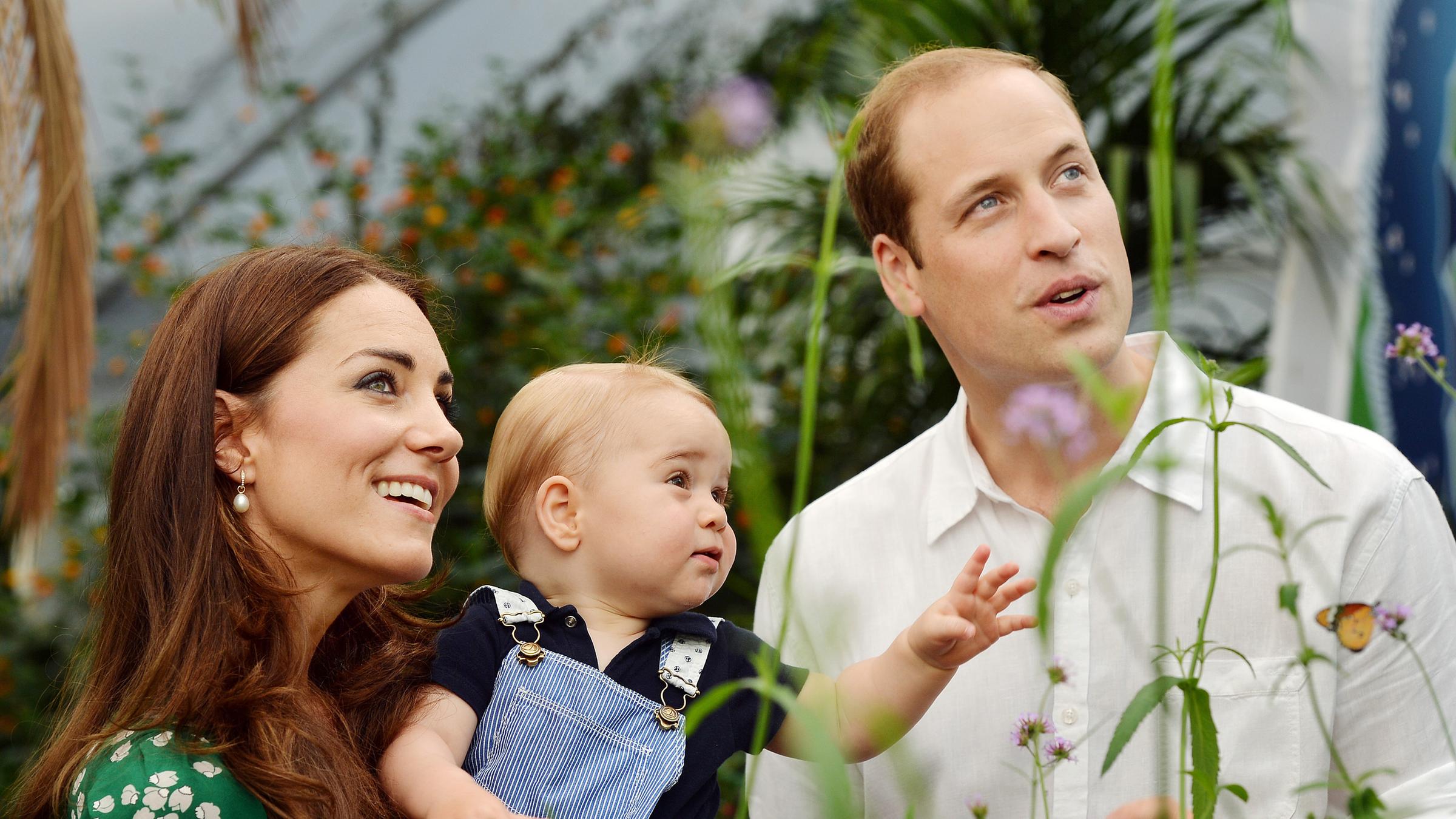 "ZDFzeit: Royale Erben: Die Thronfolger": Catherine, Herzogin von Cambridge, und Prinz William, Herzog von Cambridge mit ihrem Sohn Prinz George, während des Besuch der Ausstellung "Sensational Butterflies" im Natural History Museum am 2. Juli 2014 in London.