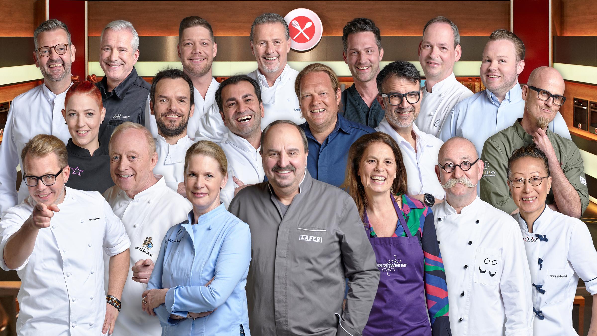 Von links: Thomas Martin, Alexander Herrmann, Robin Pietsch, Karlheinz Hauser, Alexander Kumptner, Christoph Rüffer, RIchard Rauch, Meta Hiltebrand, Steffen Hennsler, Ali Güngörmüs, Björn Freitag, Tarik Rose, Ralf Zacherl, Mario Kotaska, Alfons Schuhbeck, Cornelia Poletto, Johann Lafer, Sarah Wiener, Horst Lichter, Sohyi Kim.
