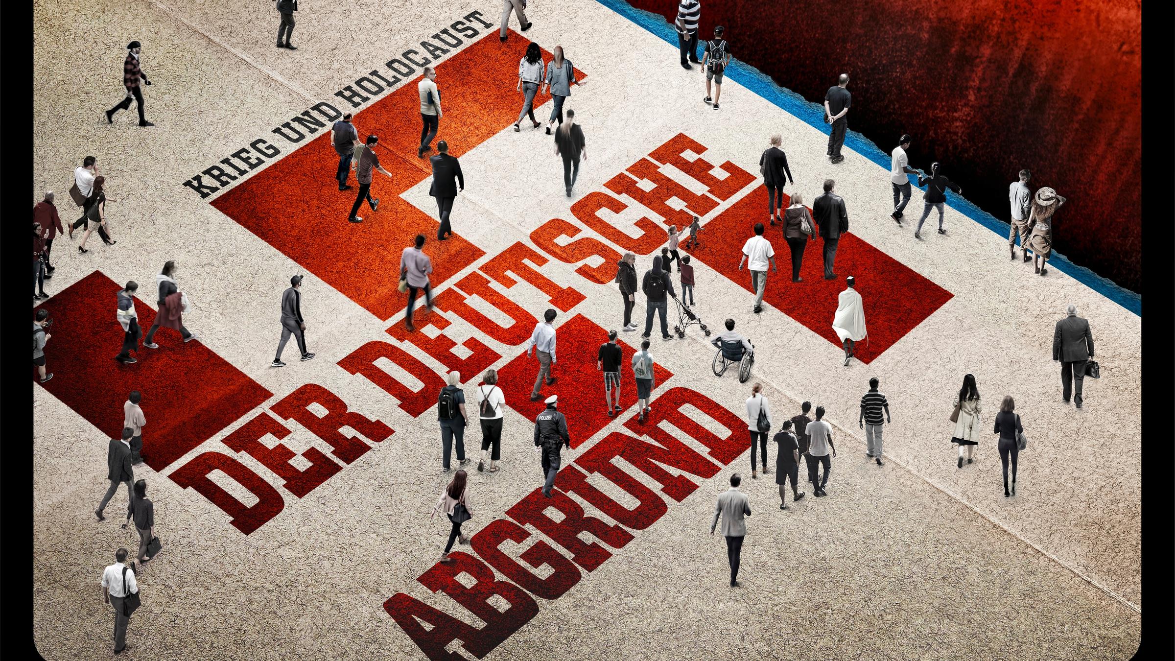 "Krieg und Holocaust - Der Deutsche Abgrund": Schriftzug des Sendetitels auf dem verschiedene Menschen laufen.
