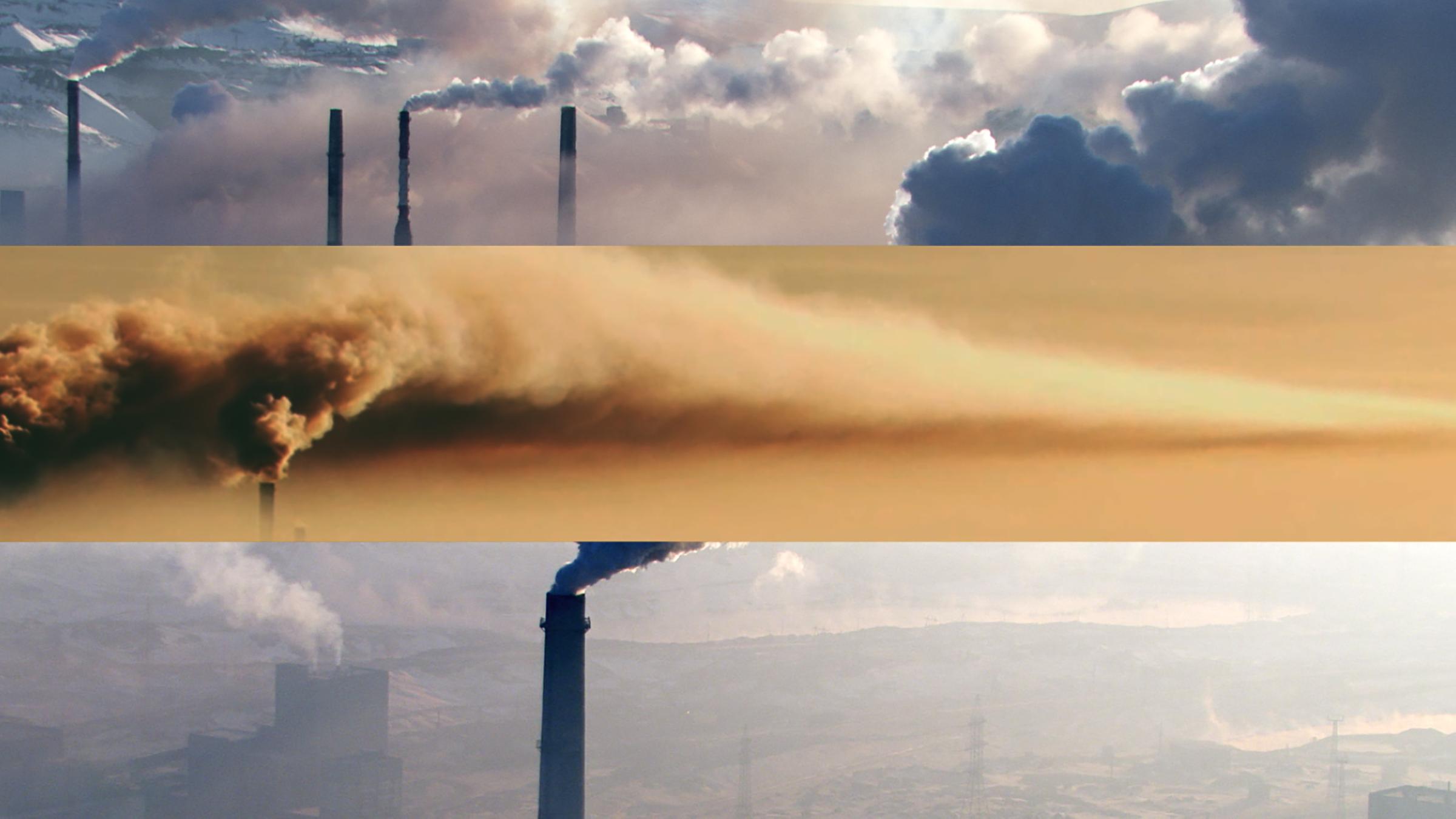 "Das Kapital im 21. Jahrhundert": Collage: Drei übereinanderliegende Bilder von Fabrik-Schornsteinen. Aus allen kommt Rauch heraus.