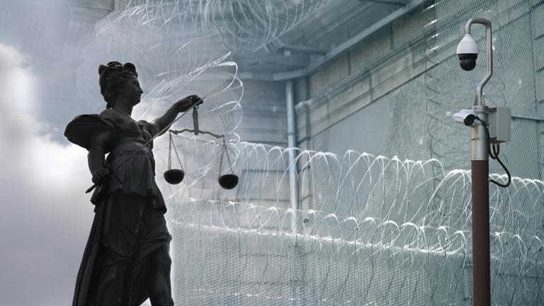 "Fehlurteile und ihre Opfer - Wo die Justiz versagt": Collage. Figur der Justitia vor einem mit Stacheldraht gesicherten Gebäude, rechts im Bild eine Säule mit Überwachungstechnik.
