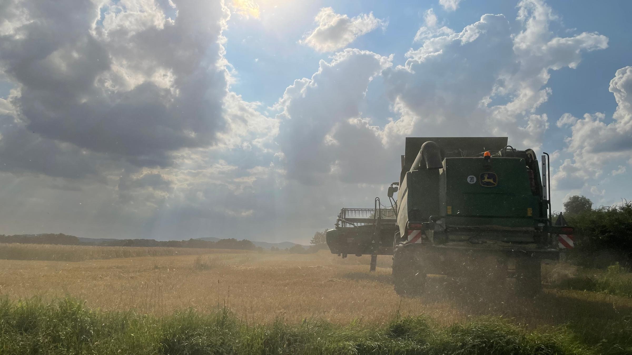"Die Lausitz - Kohlestaub und Zukunftsträume": Mähdrescher auf dem Feld. Im Hintergrund blauer Himmel, Sonne und Wolken.