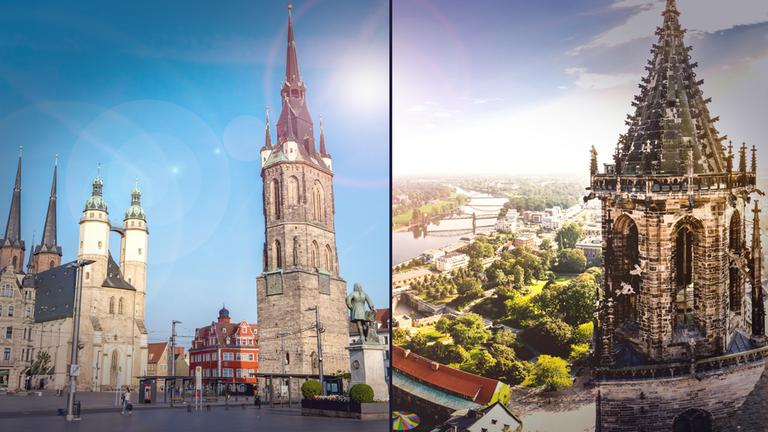 "Die Raue und die Schöne - Unterwegs in Magdeburg und Halle": Fotomontage: Auf der einen Seite ist der zentrale Platz in Halle zu sehen, auf der anderen Seite der Dom in Magdeburg.