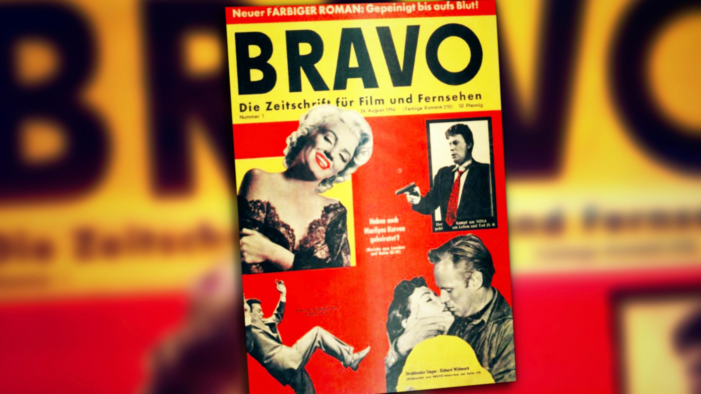 "Alles Bravo oder was? Die Jugendzeitschrift wird 65": Ein buntes Magazin-Cover zeigt berühmte Filmstars aus den 1950er Jahren.