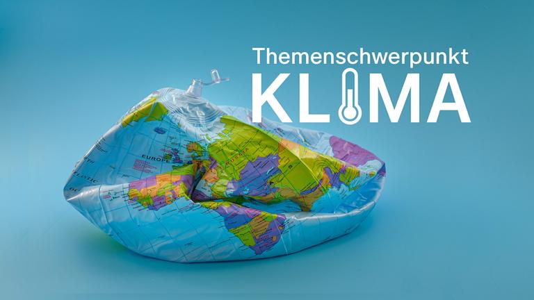 Logo "Themenschwerpunkt Klima": Die Erde als Plattter Luftballon; darüber in weißer Schrift "Themenschwerpunkt Klima"