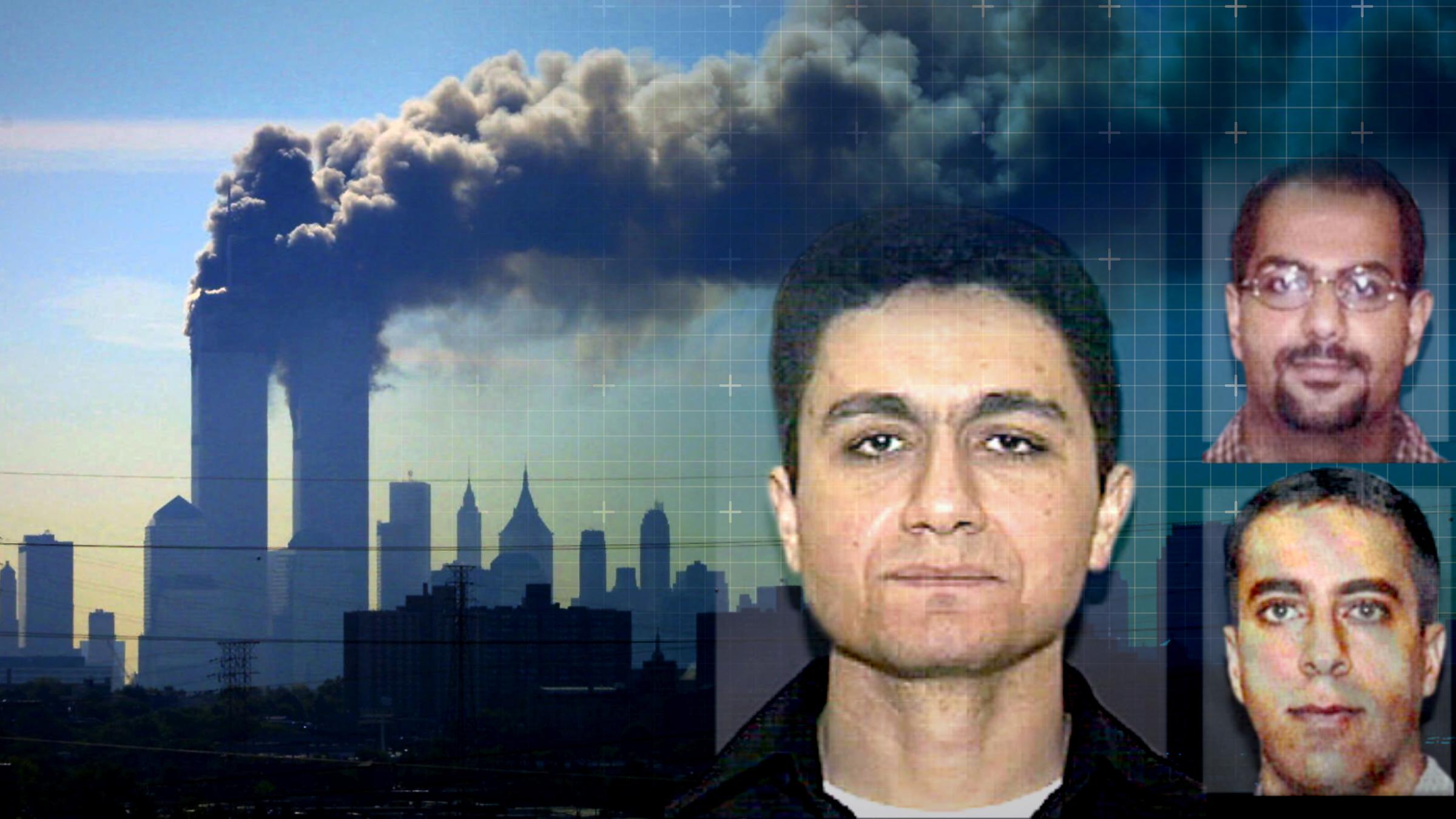 "9/11 – Verschwörung in Hamburg": Collage. Portraitaufnahmen der drei 9/11- links das brennende World Trade Center am 11. September 2001; rechts Fotos von Terroristen der "Hamburger Zelle": Mohamed Atta (groß), Marwan al-Shehhi (rechts oben) und Ziad Jarrah (rechts unten).