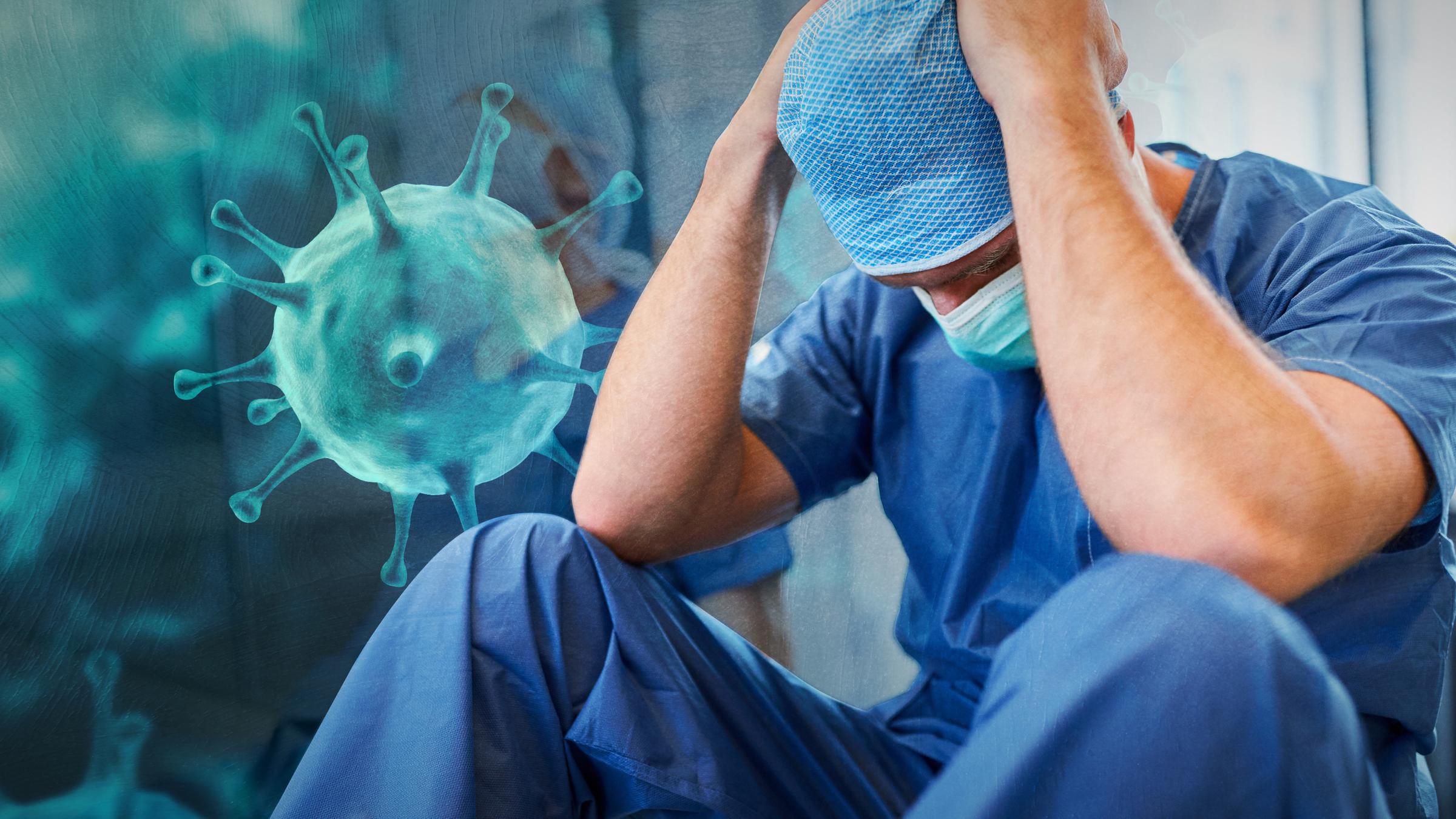 "Krankenhäuser am Limit - Gewinne auf Kosten der Patienten": Collage: Links ein Virus in einer 3D-Darstellung, rechts ein erschöpfter Arzt oder Krankenpfleger.