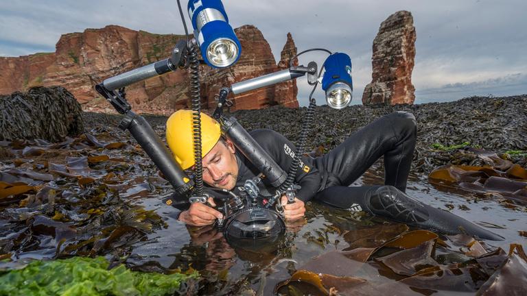 "Terra X: Faszination Wasser - Stürmische Nordsee": Uli Kunz beim Filmen im Helgoländer Felswatt. Er liegt auf der Seite und hält eine wasserfeste Kamera ins flache Wasser. An den Metallarmen der Kamera sind zwei kleine Scheinwerfer befestigt. Im Hintergrund sind Felsen zu erkennen.